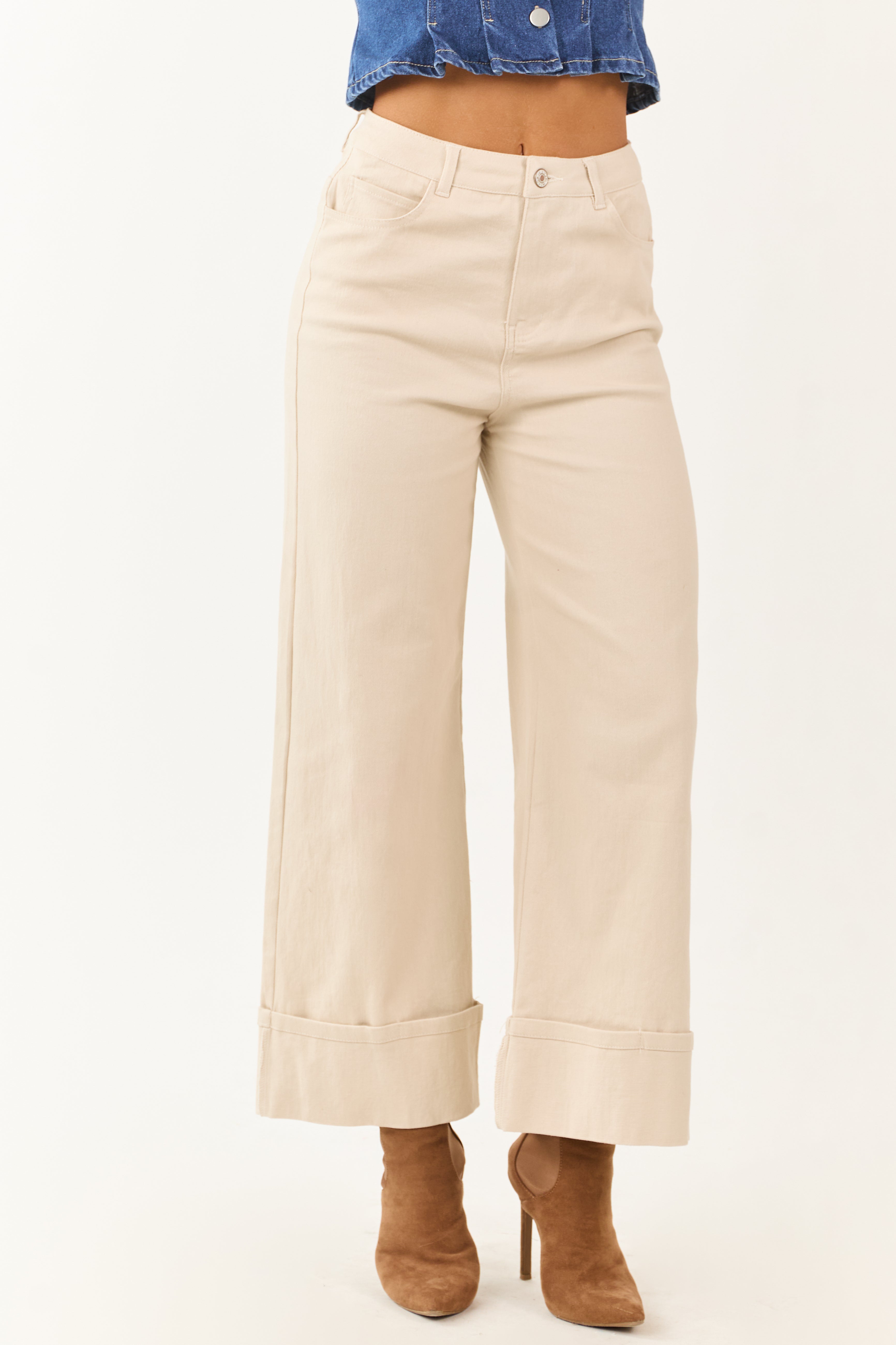 Entro Almond High Rise Cuffed Wide Leg Stretchy Jeans