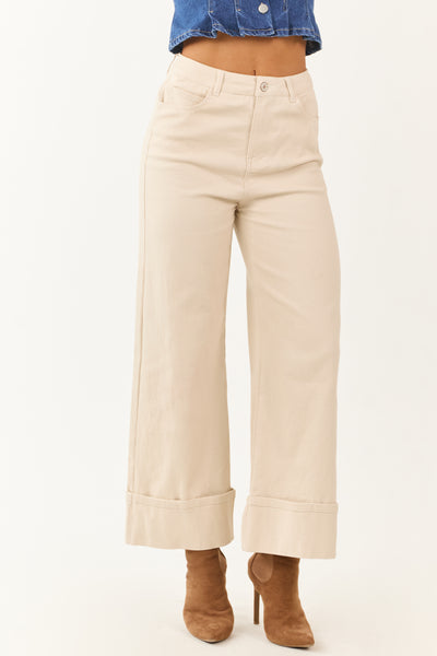 Entro Almond High Rise Cuffed Wide Leg Stretchy Jeans