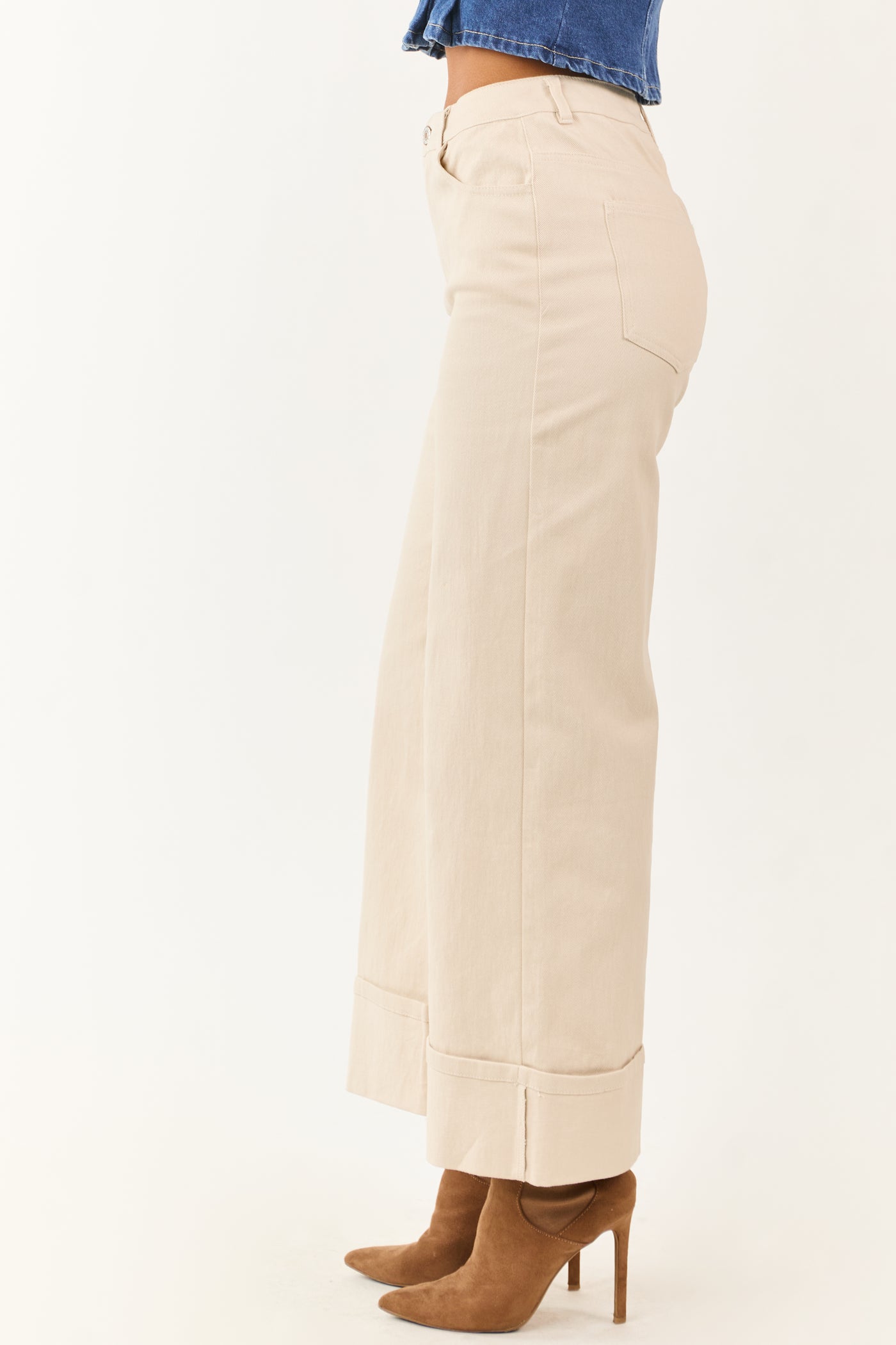 Entro Almond High Rise Cuffed Wide Leg Stretchy Jeans