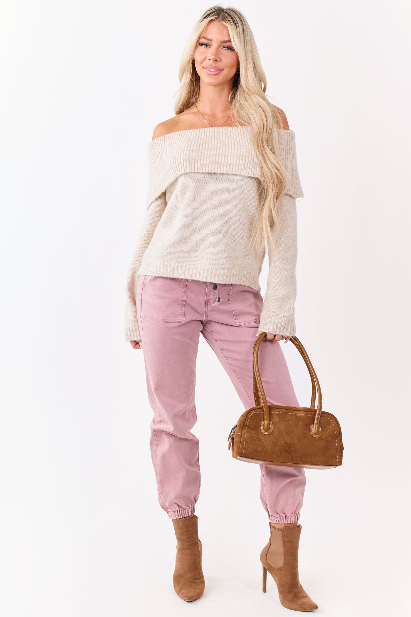 Entro Almond Wool Blend Off Shoulder Sweater