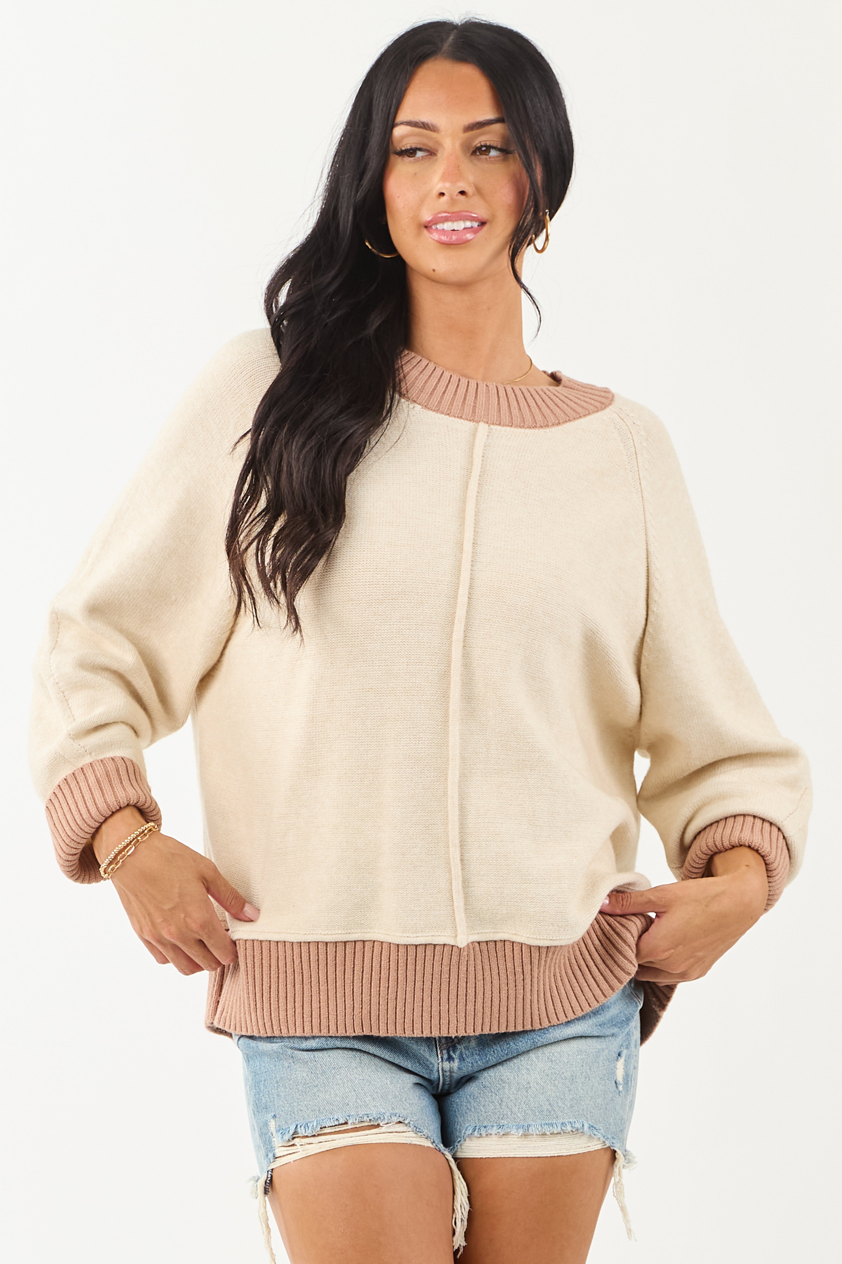 Entro Almond and Rose Taupe Relaxed Sweater
