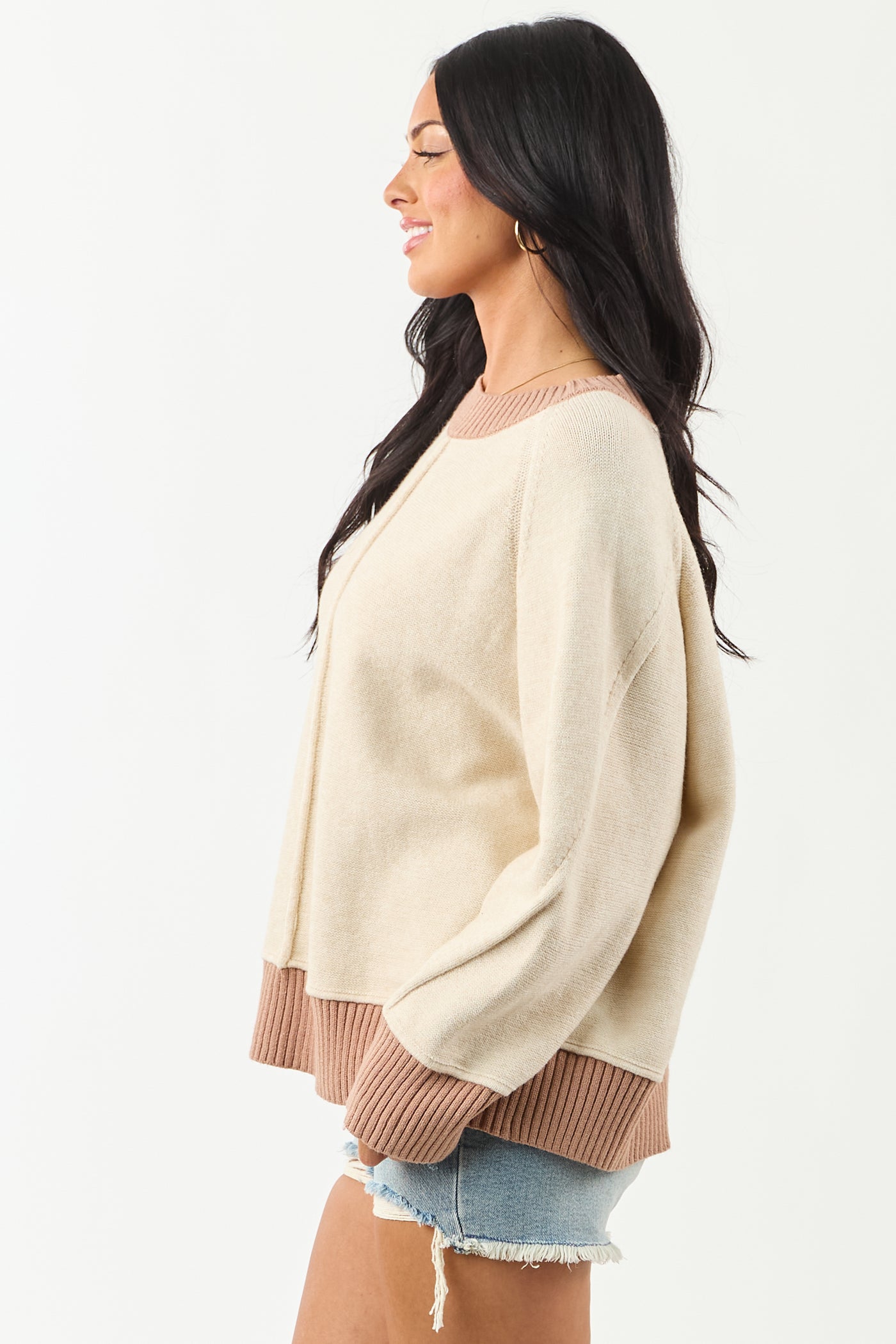 Entro Almond and Rose Taupe Relaxed Sweater