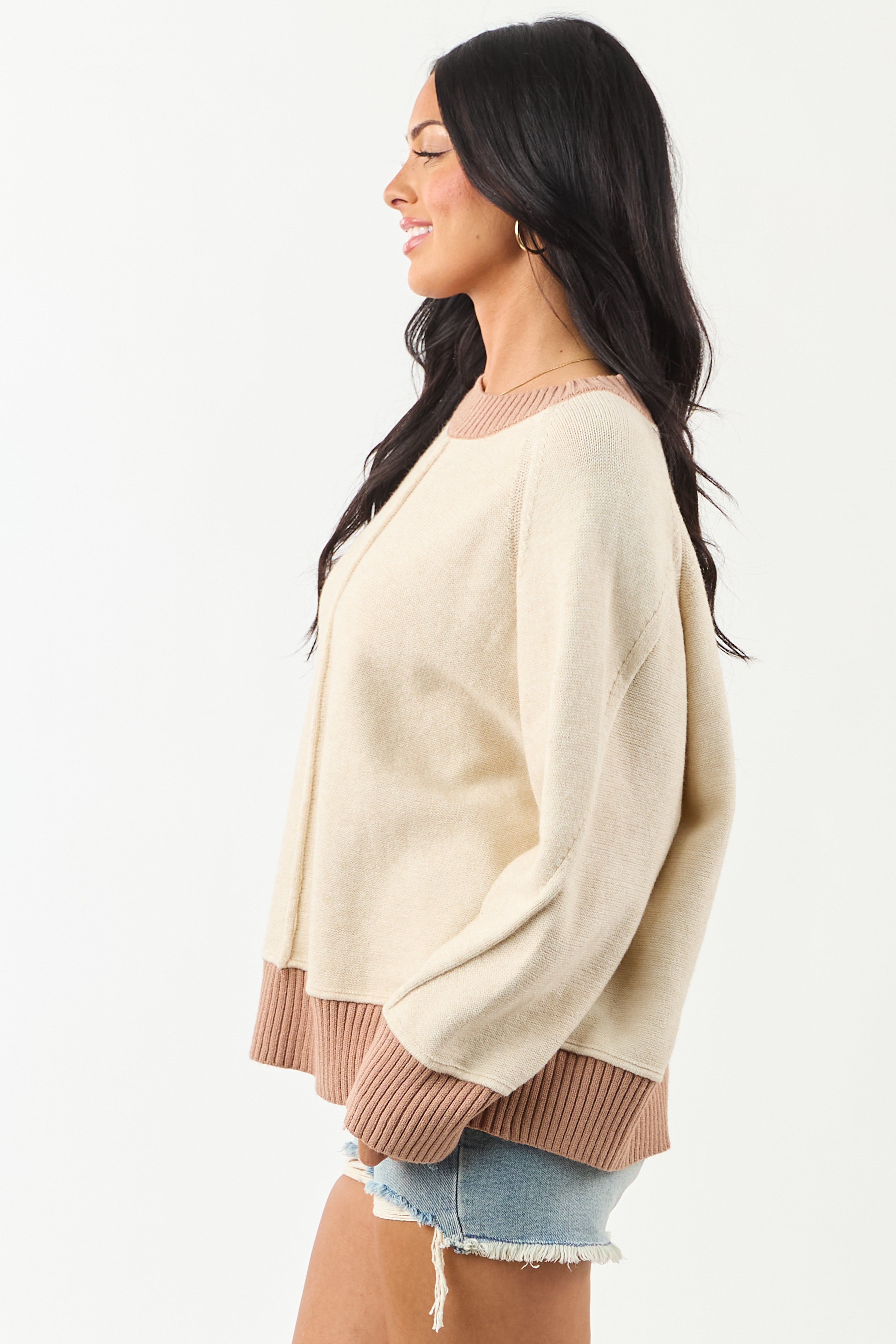 Entro Almond and Rose Taupe Relaxed Sweater