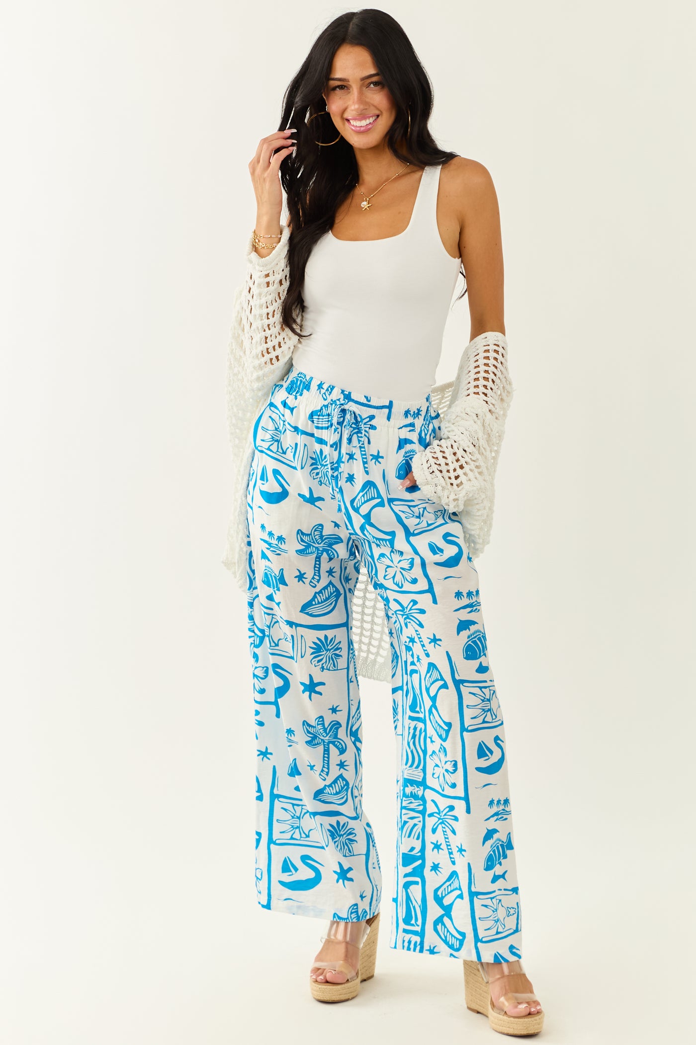 Entro Azure Abstract Beach Pattern Wide Leg Pants