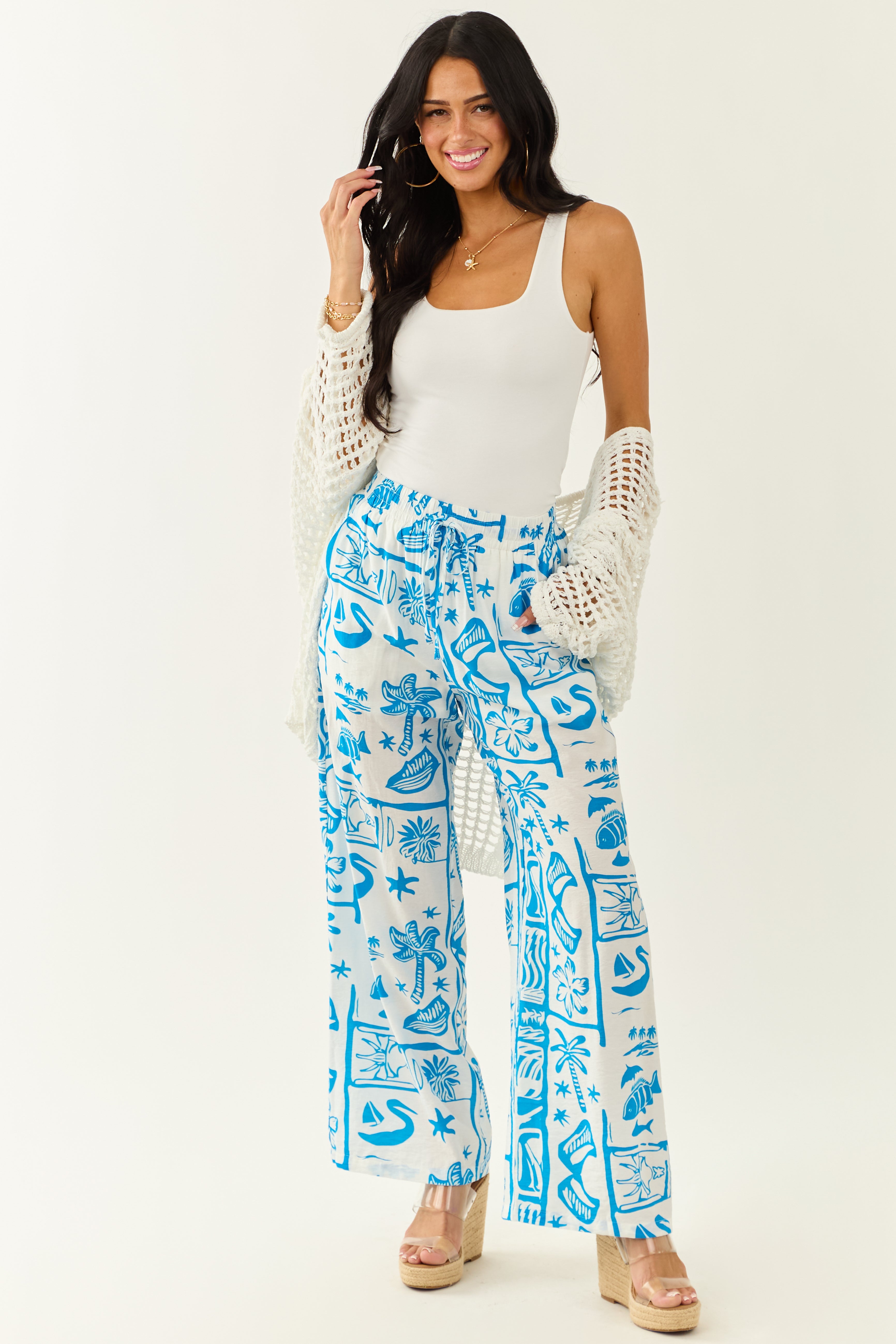 Entro Azure Abstract Beach Pattern Wide Leg Pants