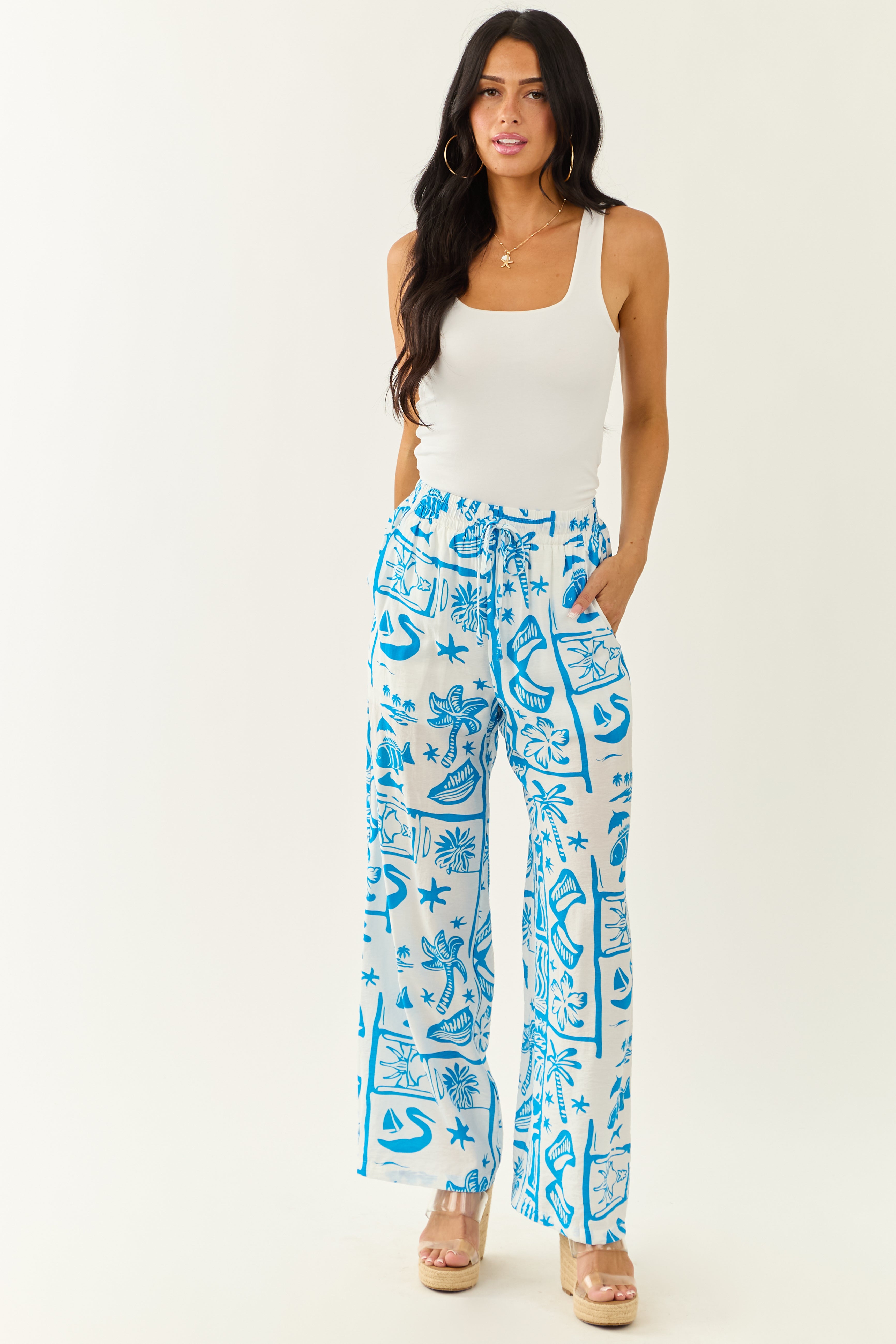Entro Azure Abstract Beach Pattern Wide Leg Pants