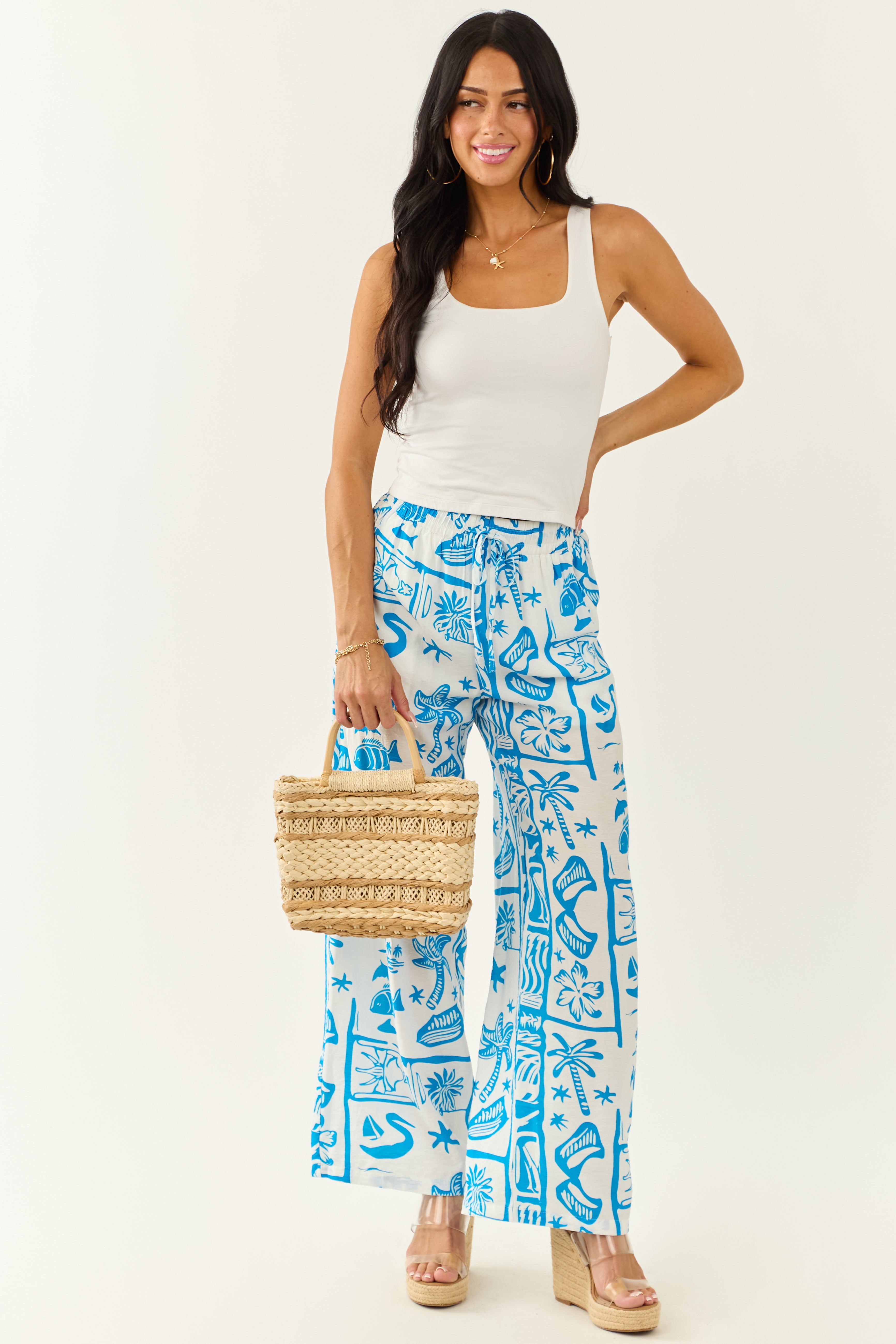 Entro Azure Abstract Beach Pattern Wide Leg Pants