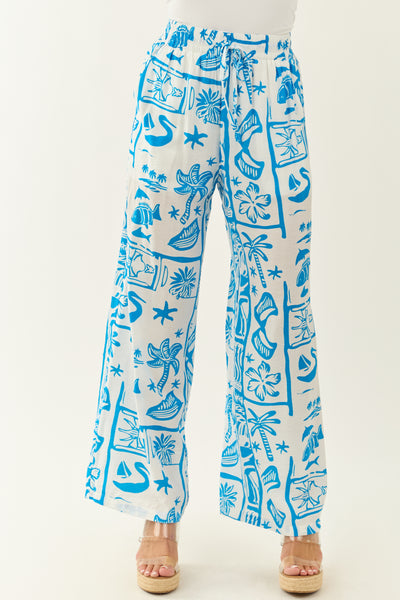 Entro Azure Abstract Beach Pattern Wide Leg Pants