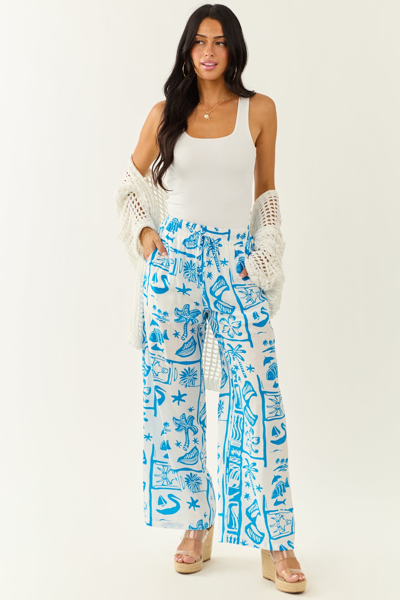 Entro Azure Abstract Beach Pattern Wide Leg Pants