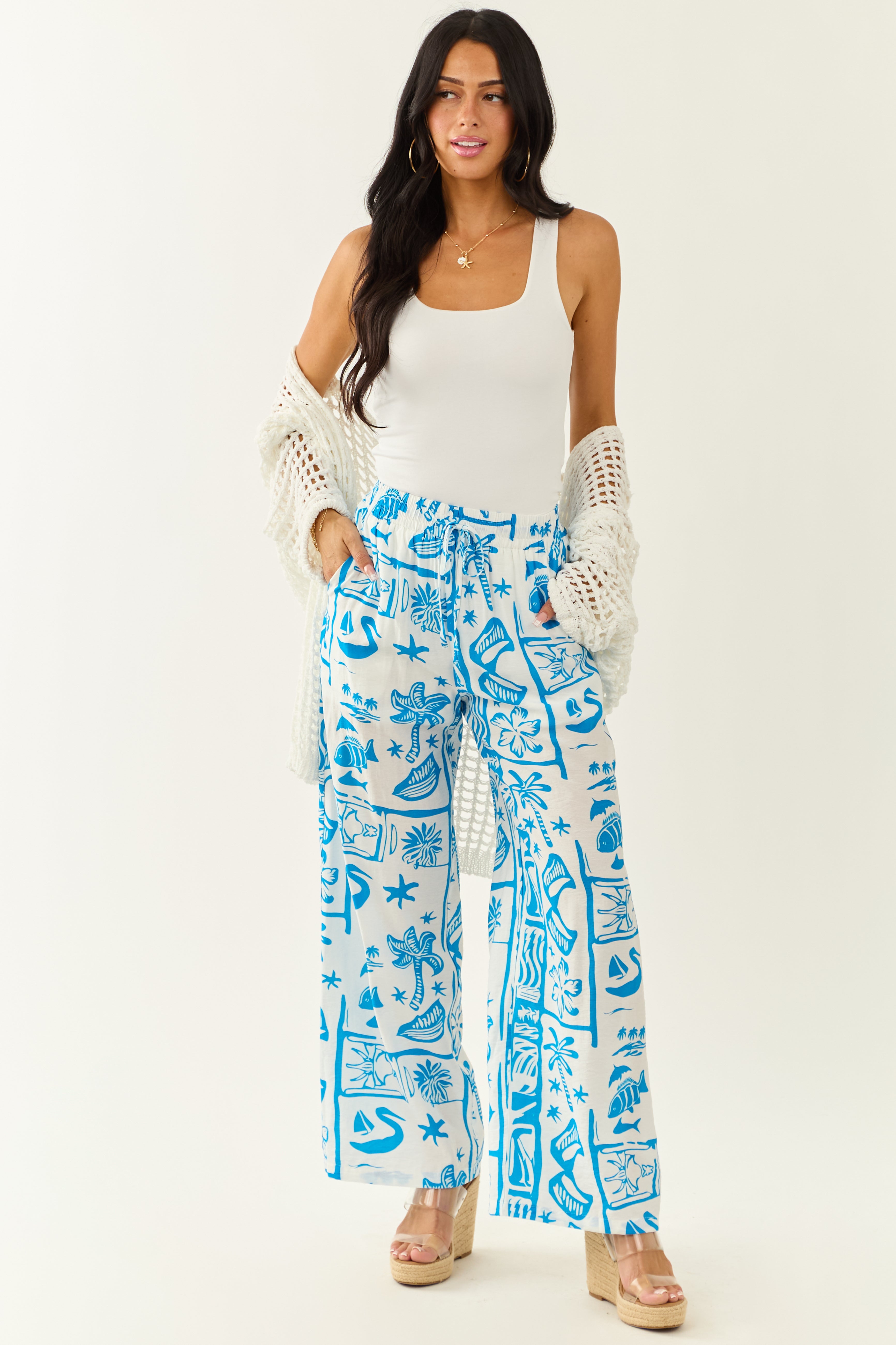 Entro Azure Abstract Beach Pattern Wide Leg Pants