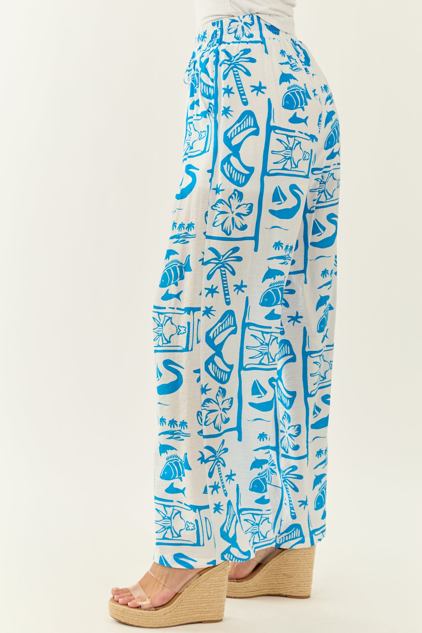 Entro Azure Abstract Beach Pattern Wide Leg Pants