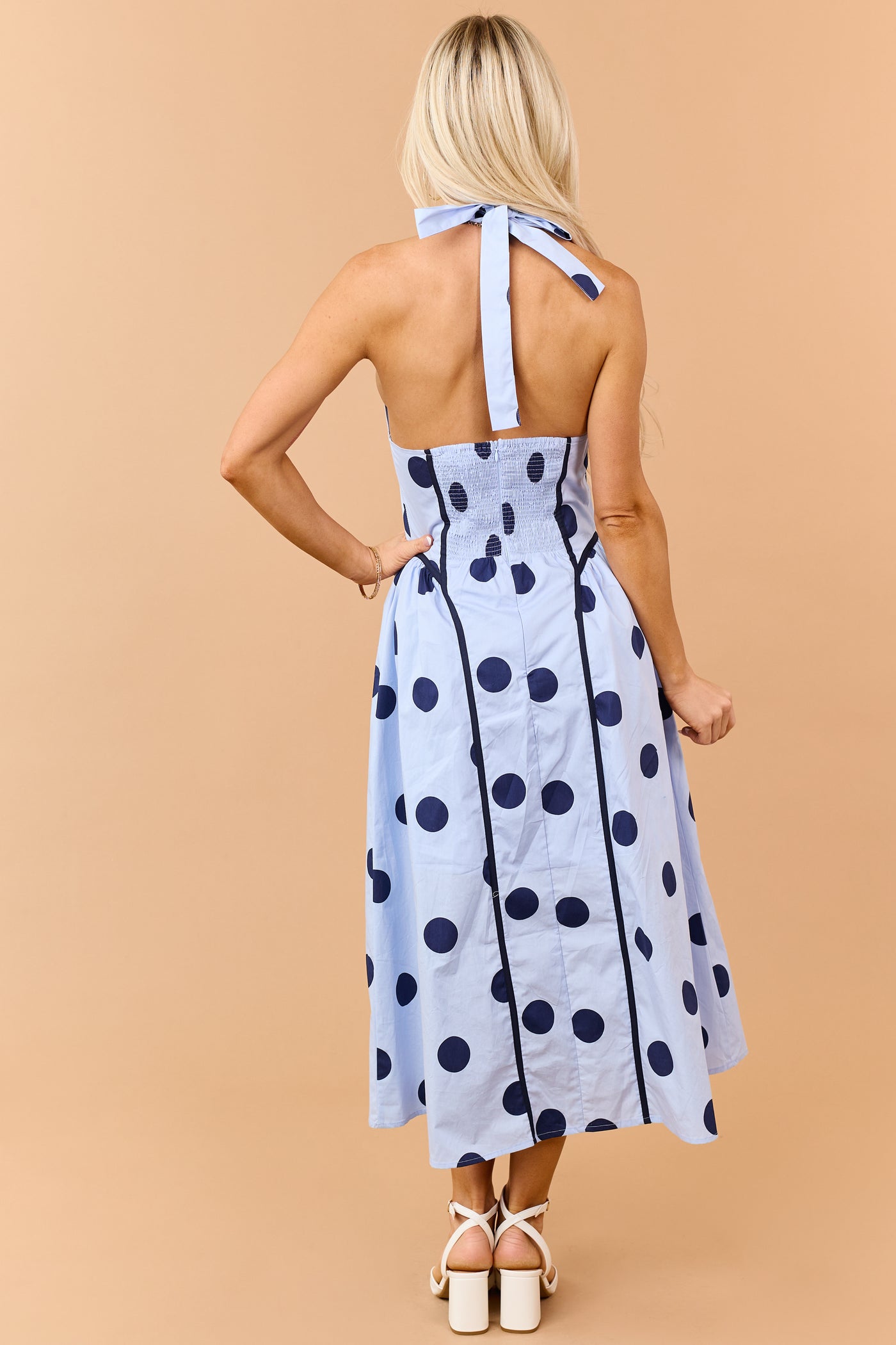 Entro Baby Blue Polka Dot Cotton Halter Midi Dress