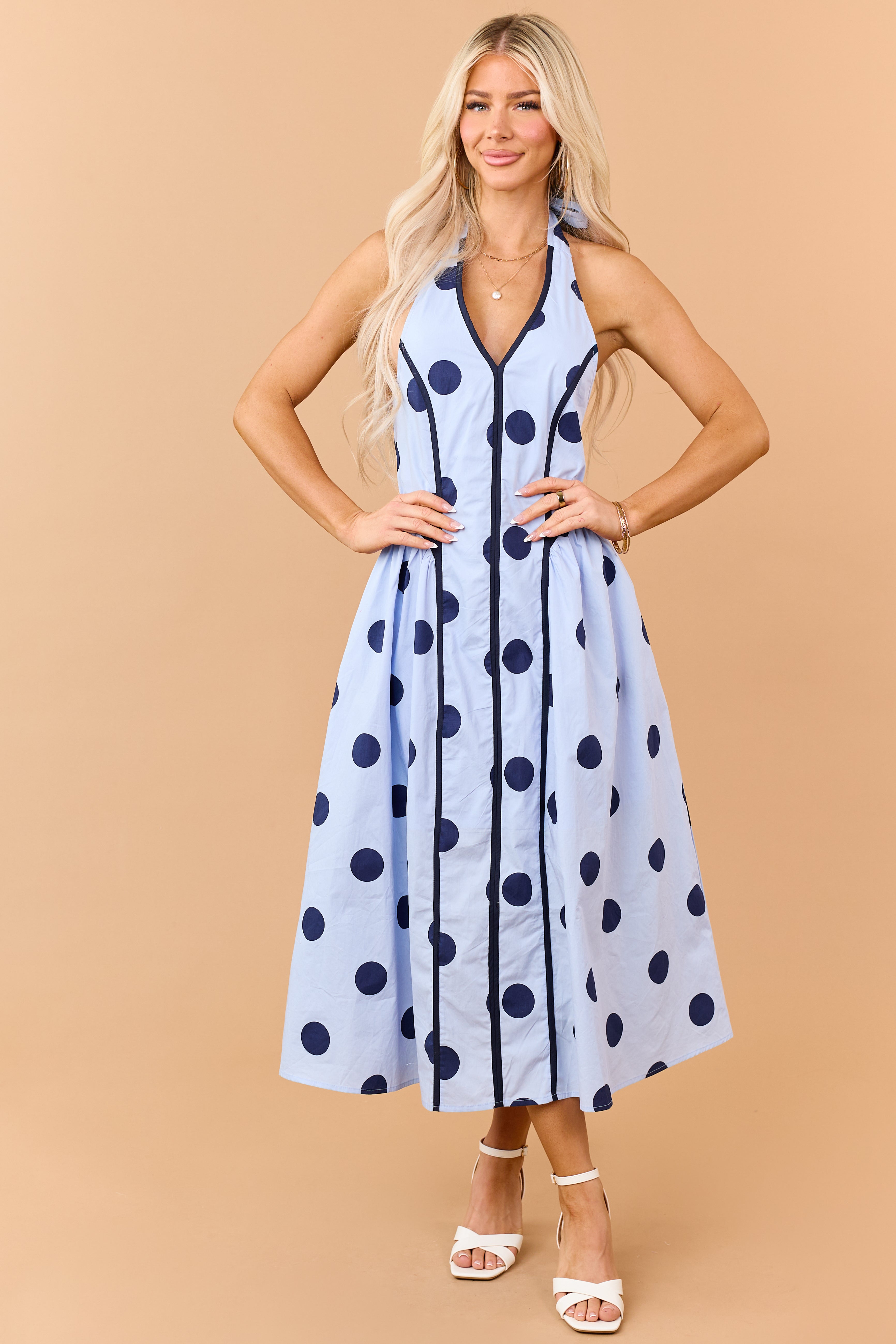Entro Baby Blue Polka Dot Cotton Halter Midi Dress | Lime Lush