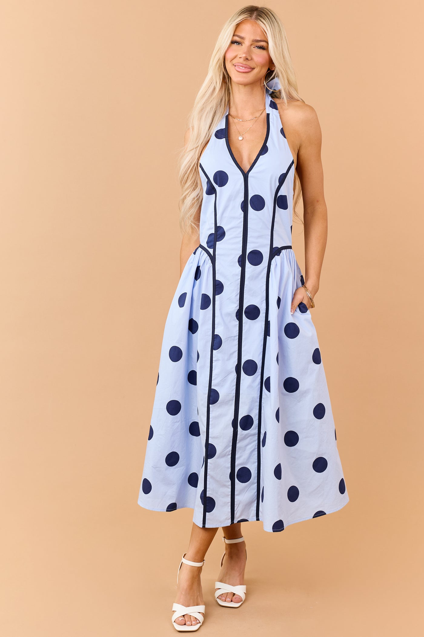 Entro Baby Blue Polka Dot Cotton Halter Midi Dress