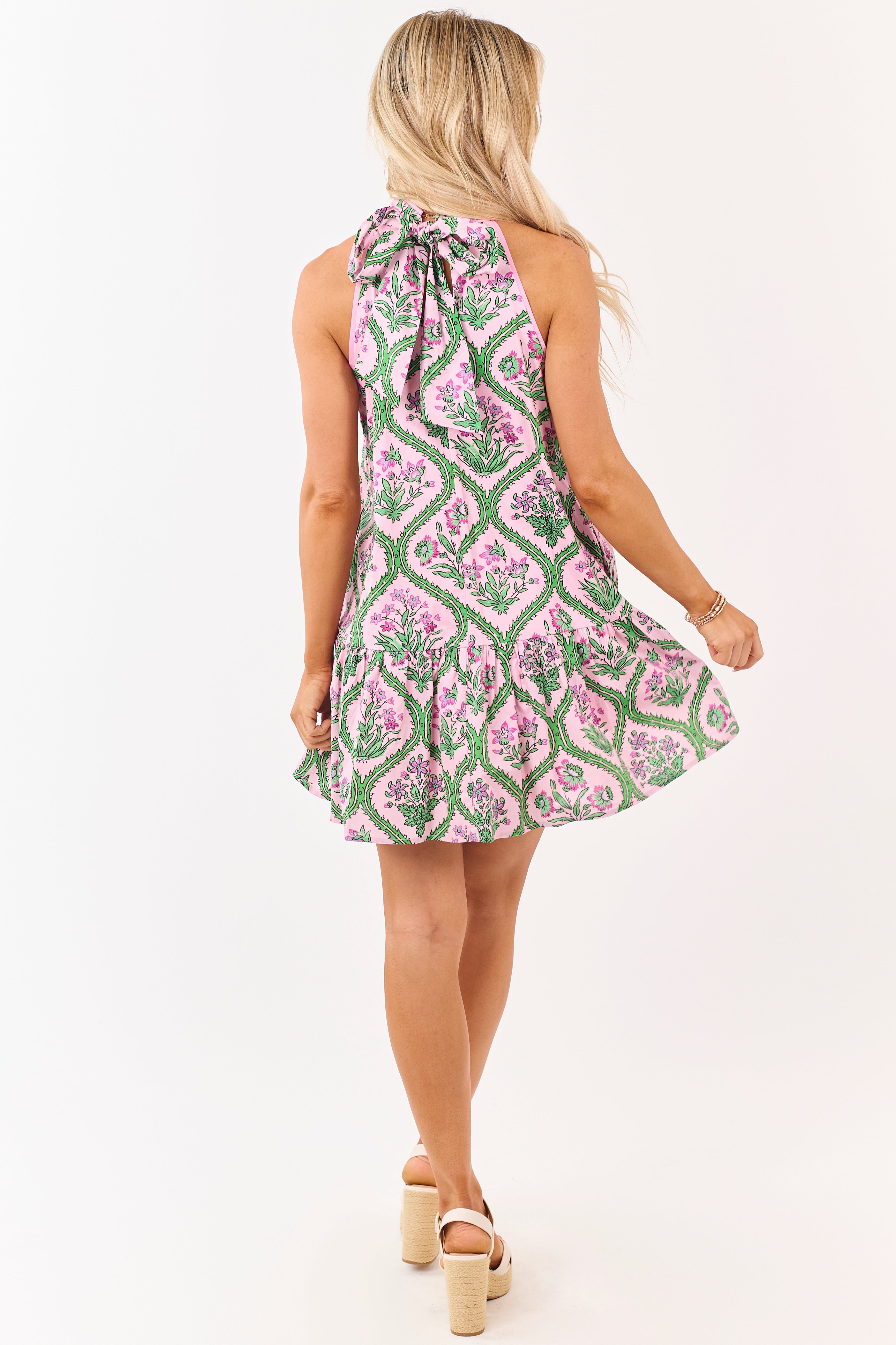 Entro Baby Pink Floral Halter Tie Cotton Mini Dress