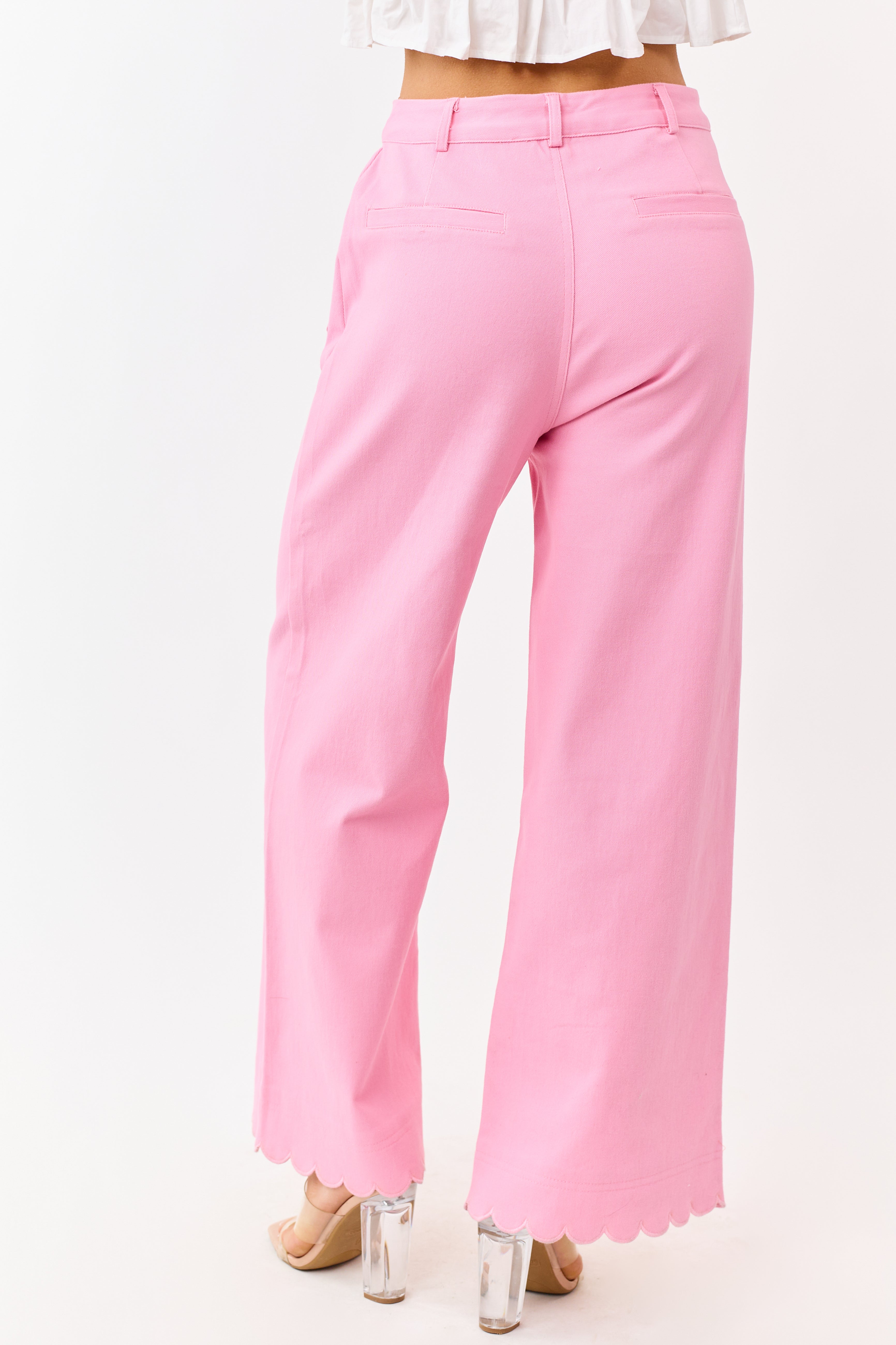 Entro Baby Pink Scalloped Trim Wide Leg Denim Pants | Lime Lush