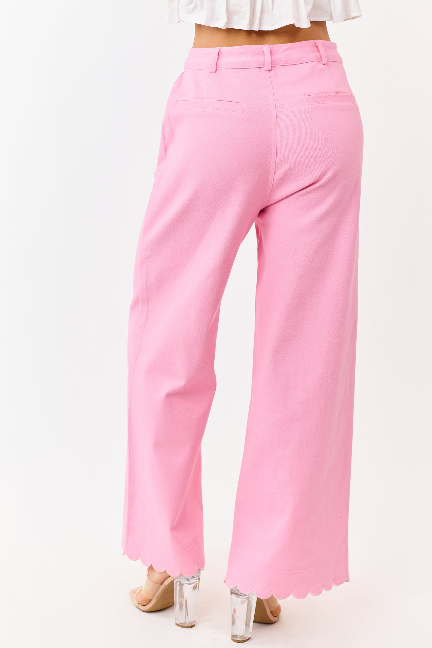 Entro Baby Pink Scalloped Trim Wide Leg Denim Pants