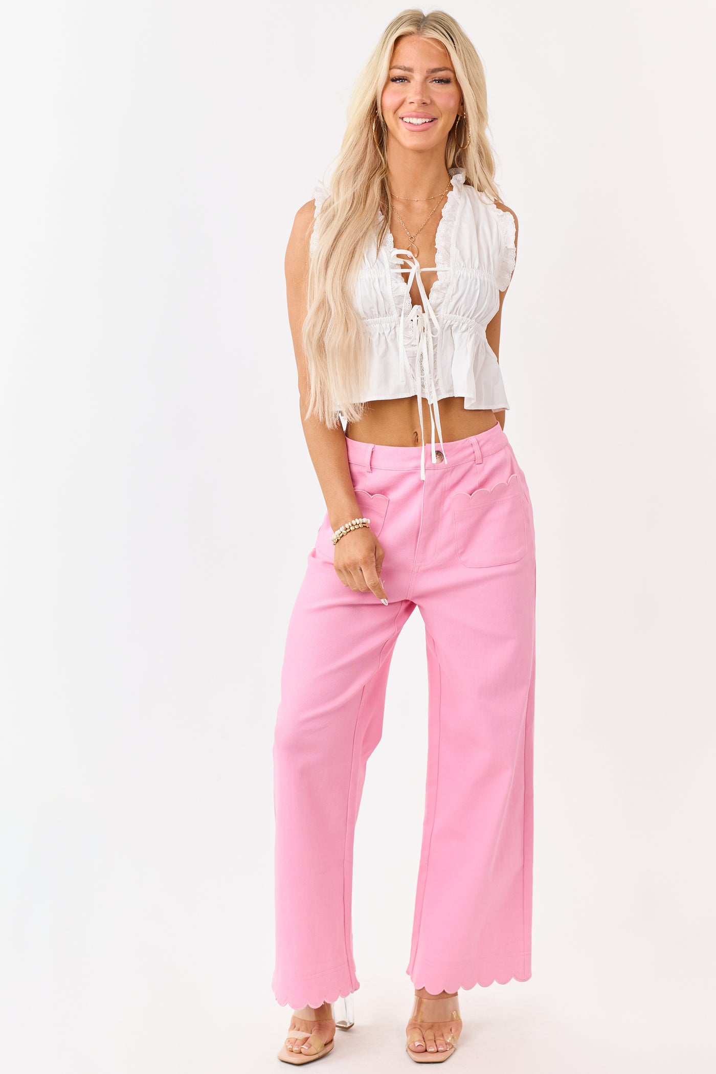 Entro Baby Pink Scalloped Trim Wide Leg Denim Pants