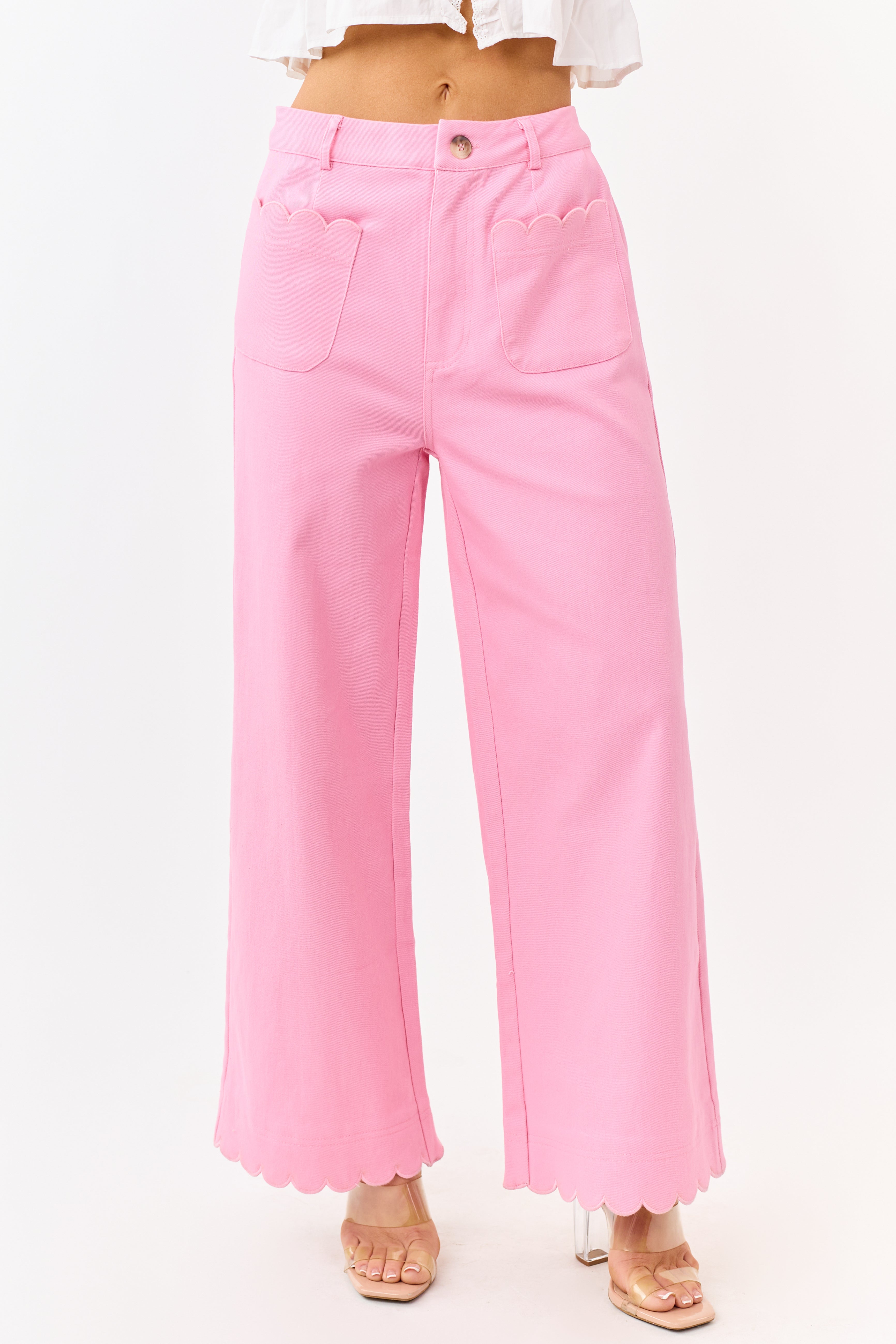 Entro Baby Pink Scalloped Trim Wide Leg Denim Pants | Lime Lush