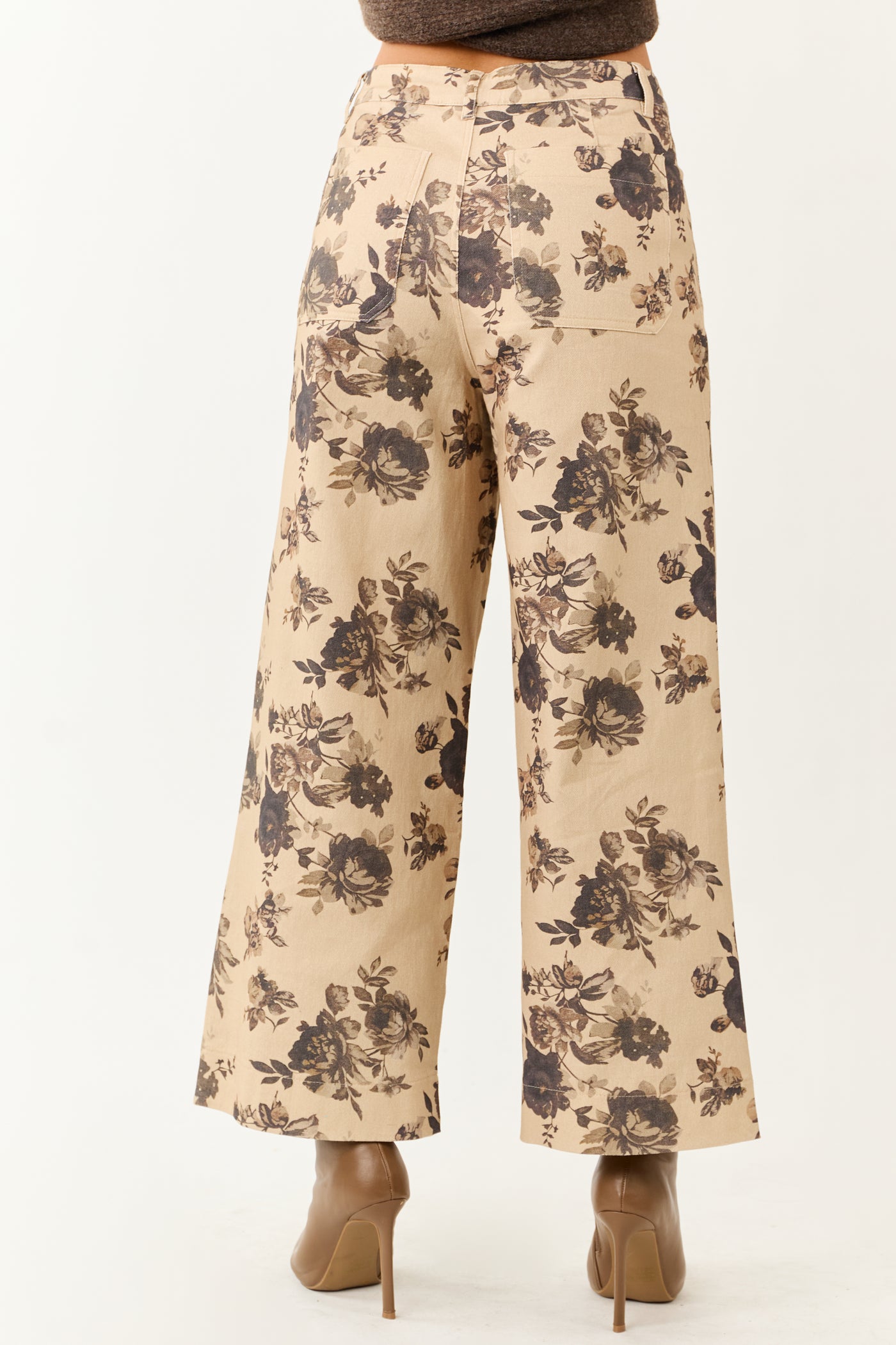 Entro Beige Rose Print Wide Leg High Rise Denim Pants