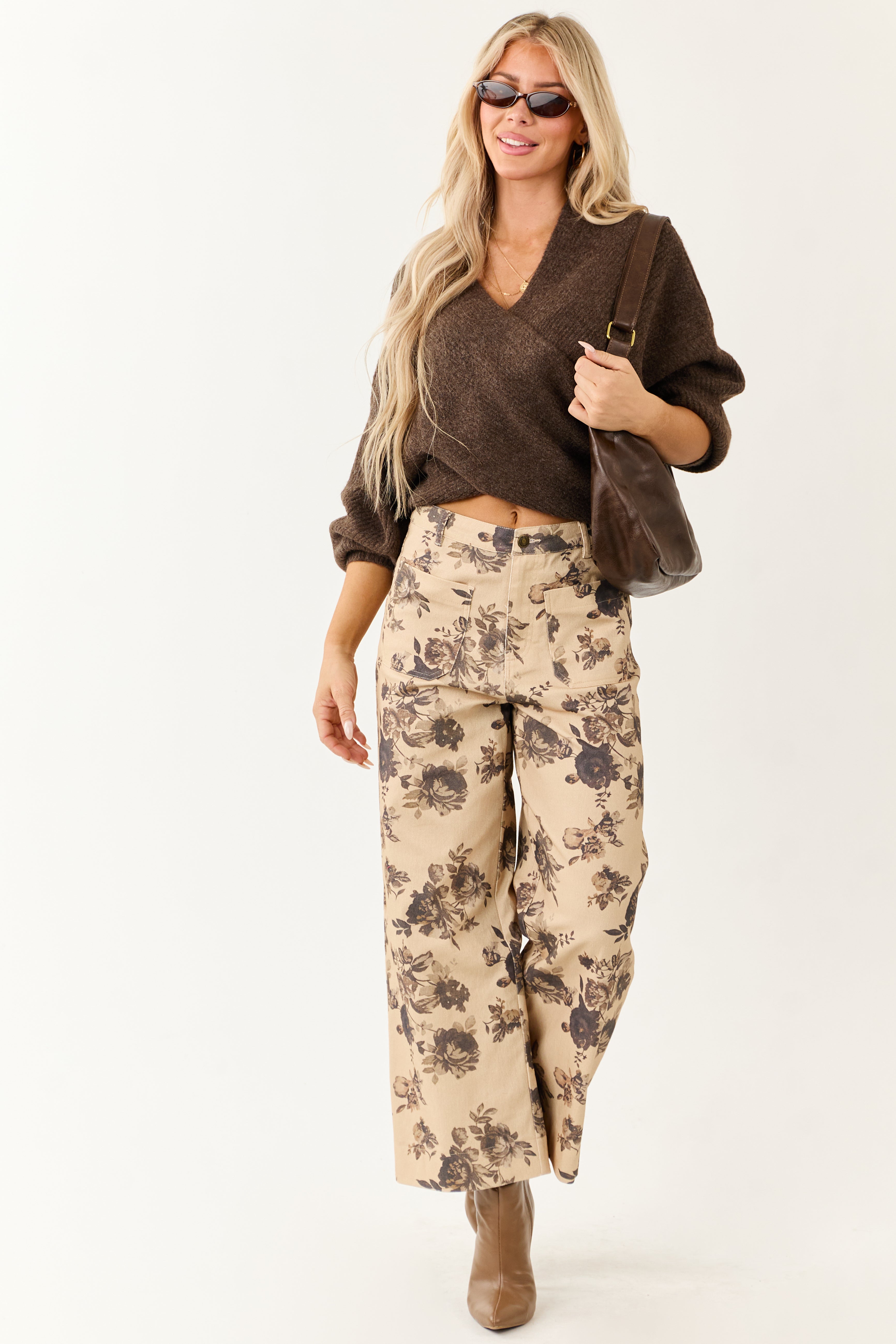 Entro Beige Rose Print Wide Leg High Rise Denim Pants