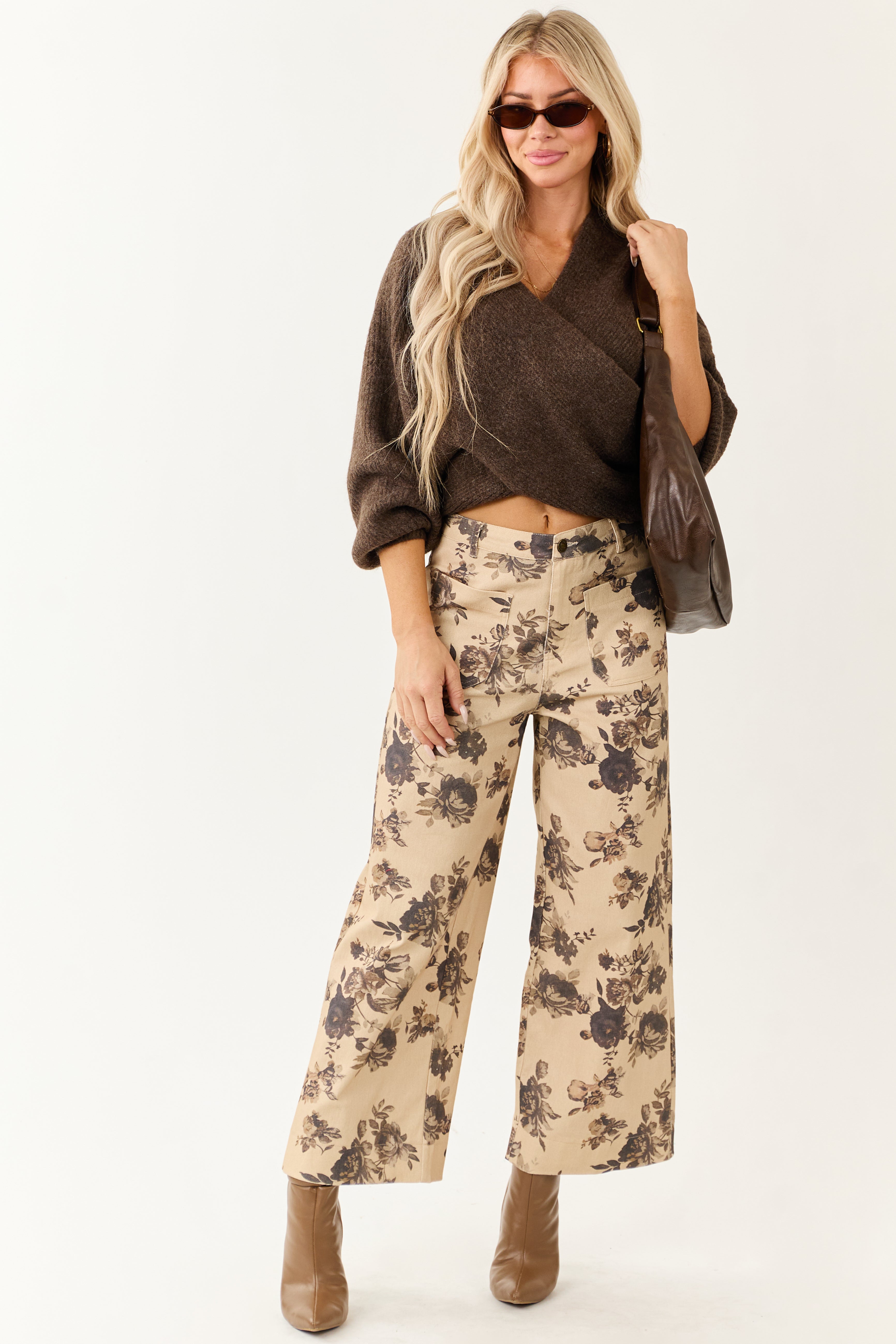 Entro Beige Rose Print Wide Leg High Rise Denim Pants