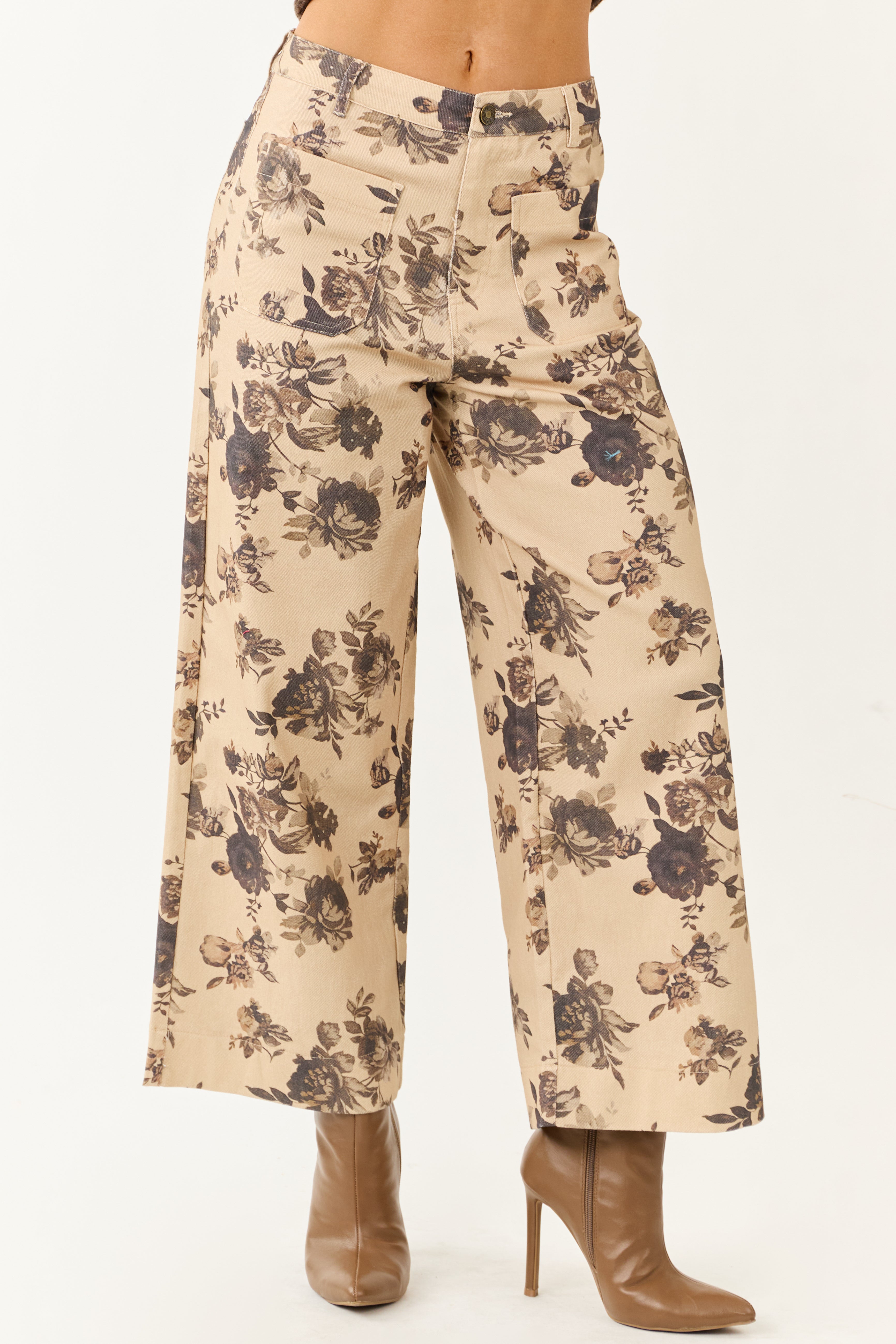 Entro Beige Rose Print Wide Leg High Rise Denim Pants