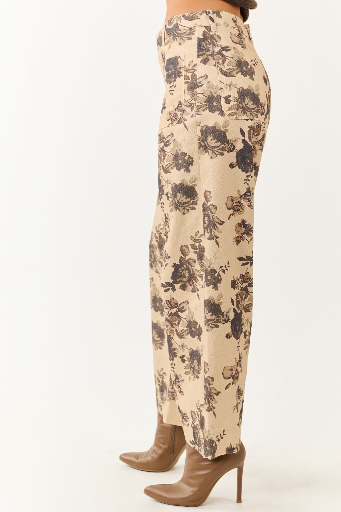 Entro Beige Rose Print Wide Leg High Rise Denim Pants