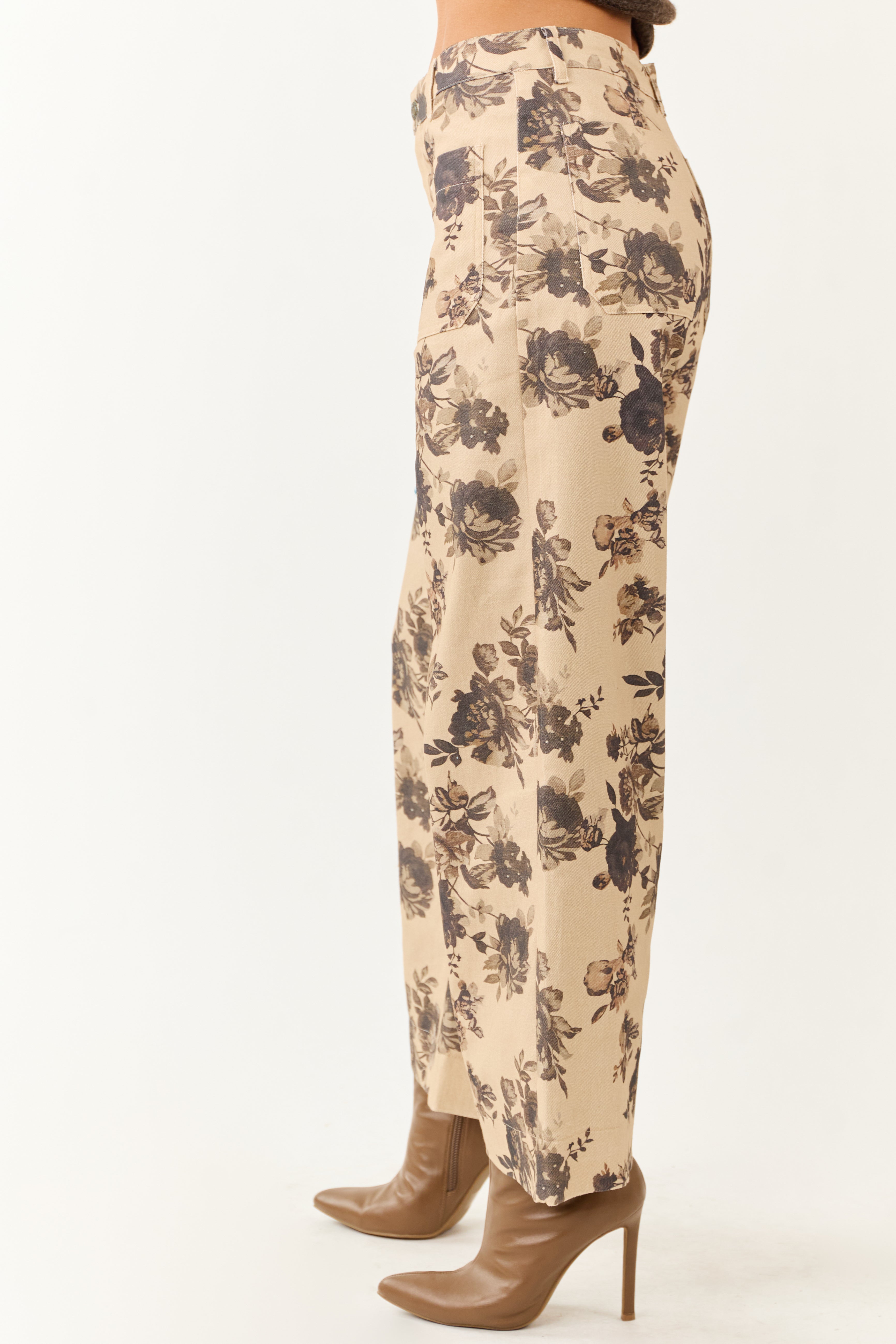 Entro Beige Rose Print Wide Leg High Rise Denim Pants