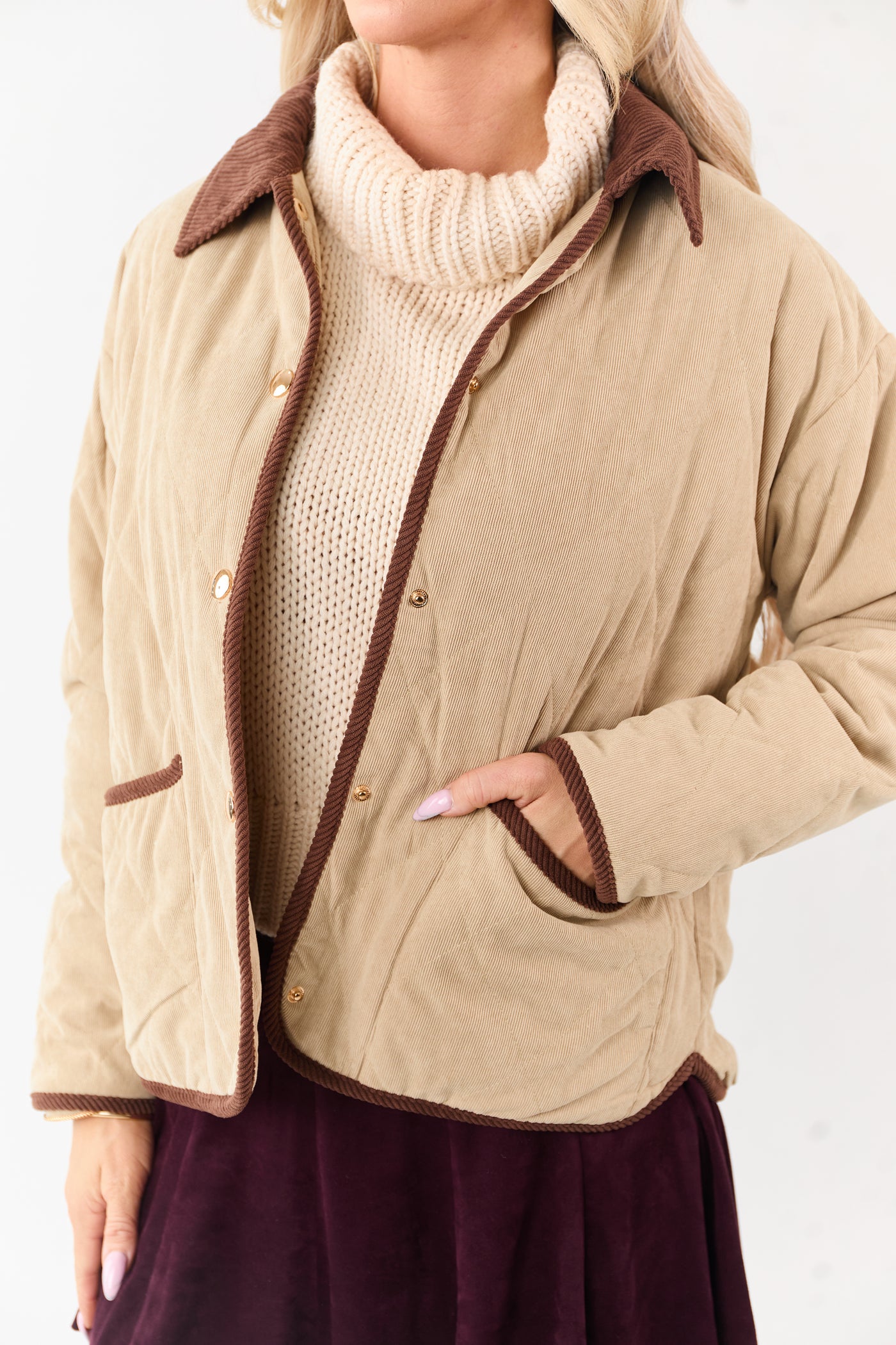 Entro Beige Snap Button Down Collared Jacket