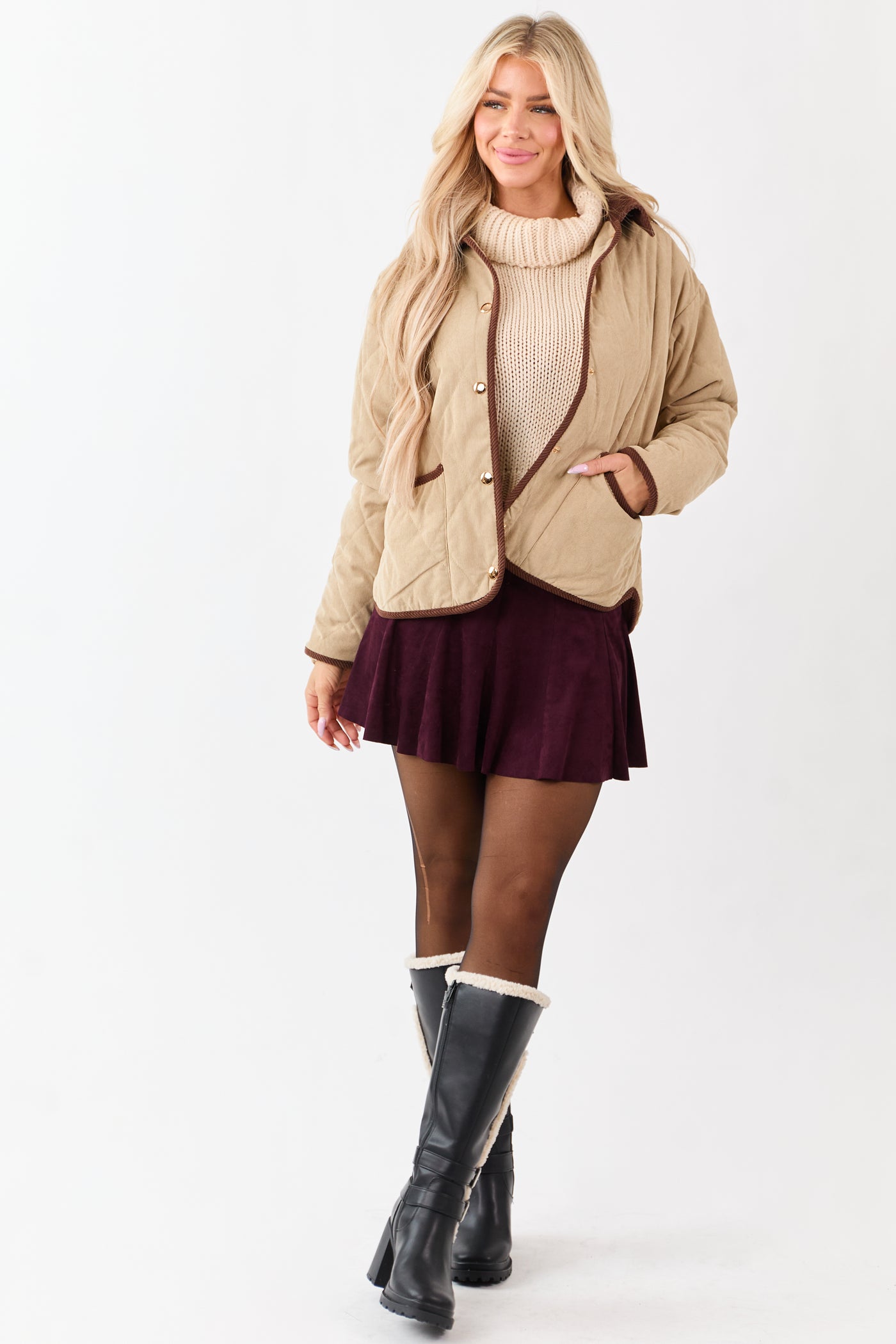 Entro Beige Snap Button Down Collared Jacket