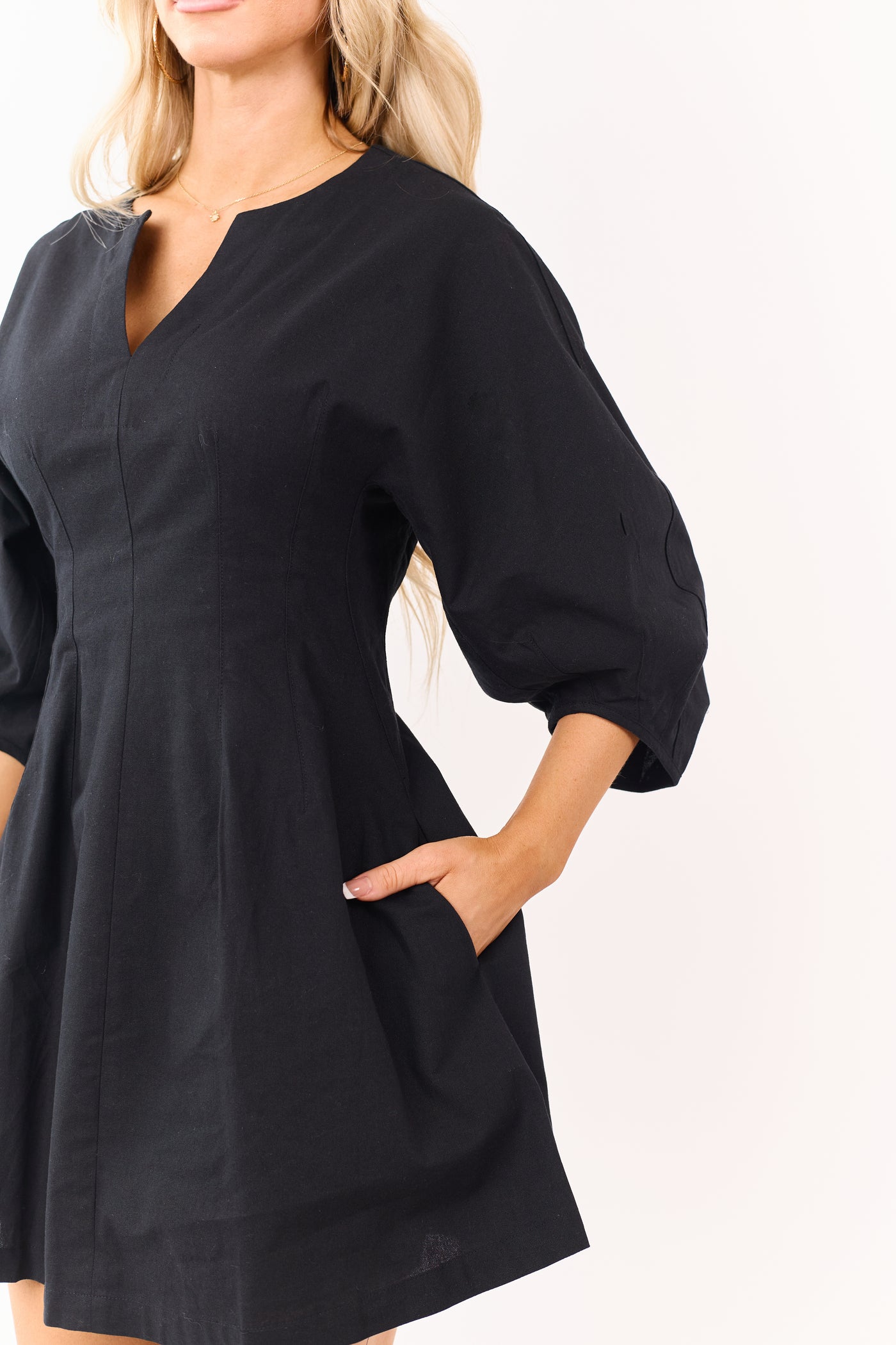 Entro Black 3/4 Sleeve Cotton V-Neck Mini Dress | Lime Lush Boutique Entro Black 3/4 Sleeve Cotton V-Neck Mini Dress | Lime Lush Boutique