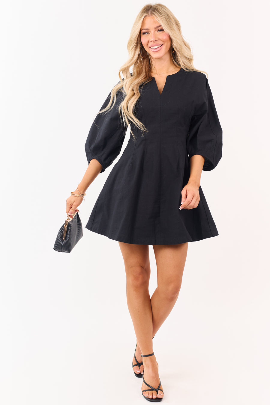 Entro Black 3/4 Sleeve Cotton V-Neck Mini Dress