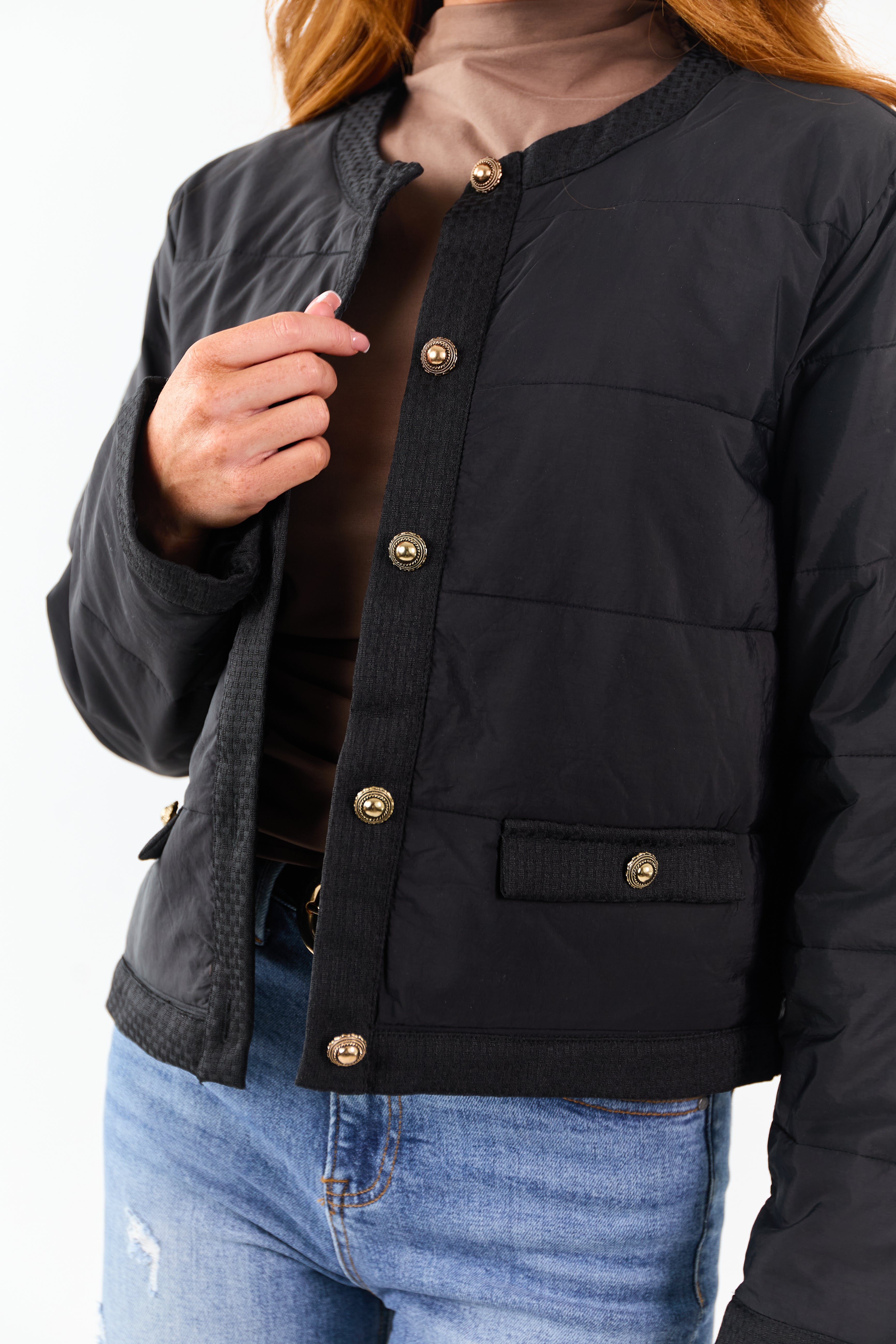 Entro Black Button Down Long Sleeve Puff Jacket | Lime Lush Boutique