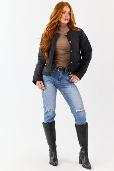 Entro Black Button Down Long Sleeve Puff Jacket