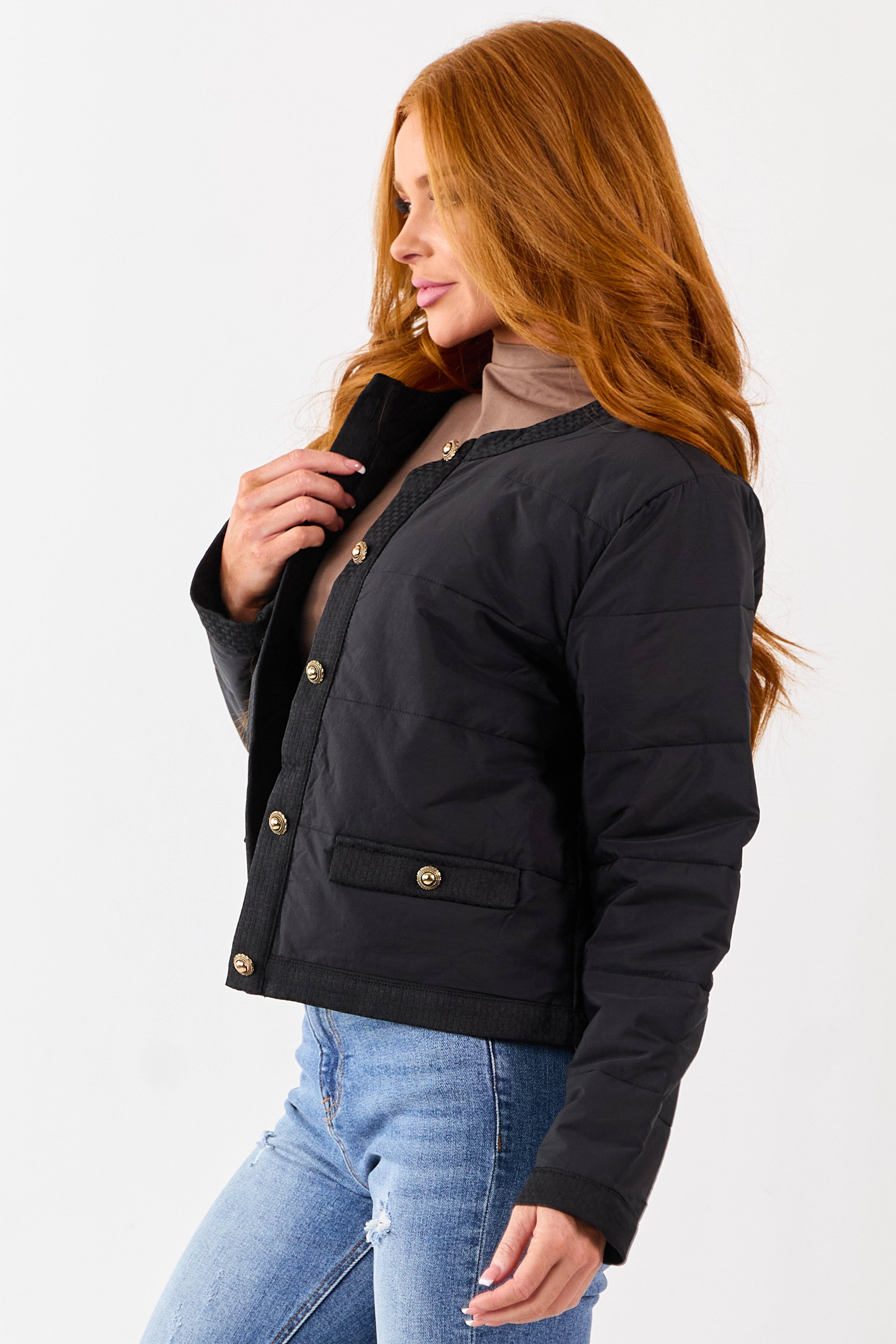Entro Black Button Down Long Sleeve Puff Jacket