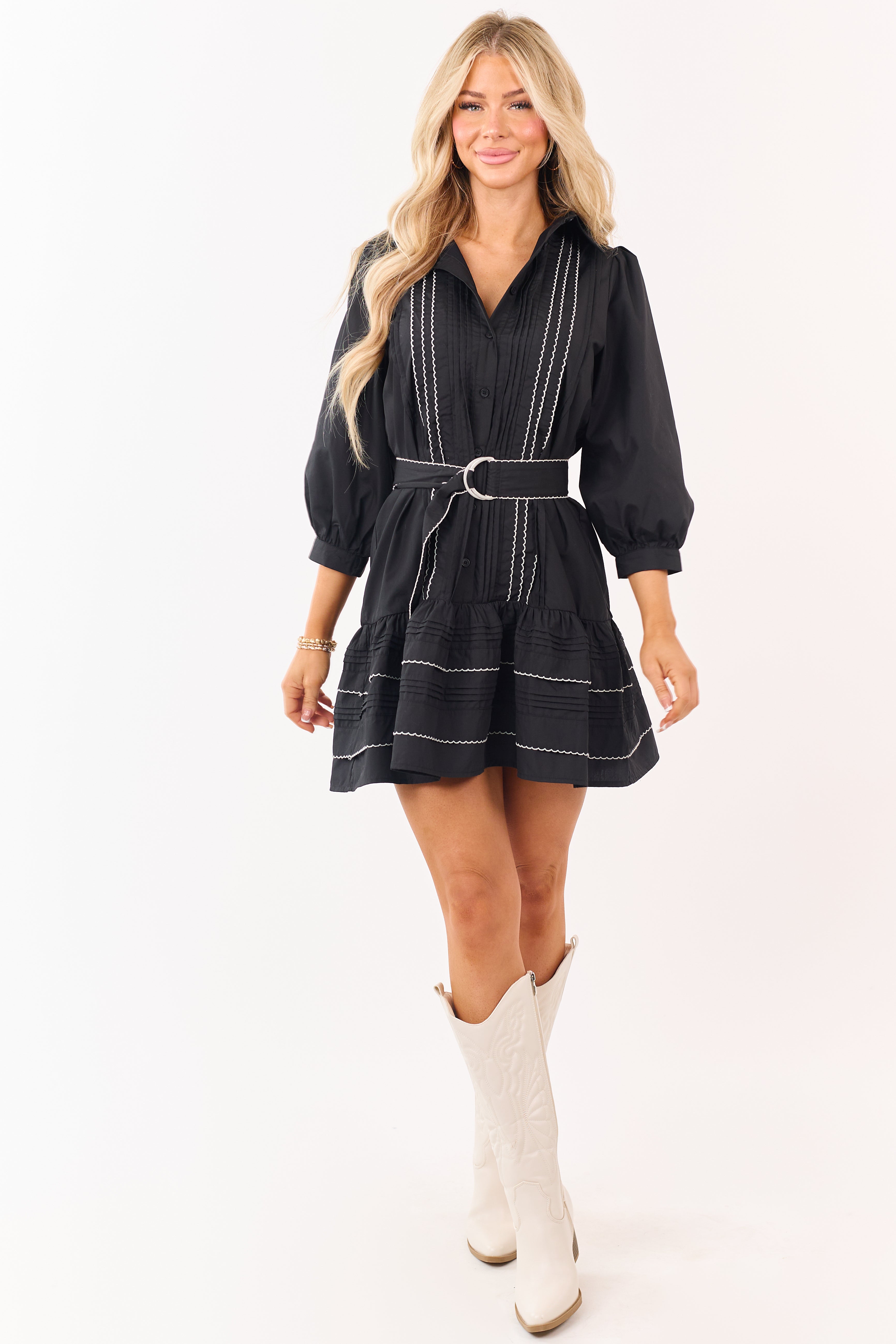 【今期販売中】ヘリンドットサイ　Switting drawst dress Entro Black Button Down Pintuck Belted Mini Dress | Lime Lush Boutique