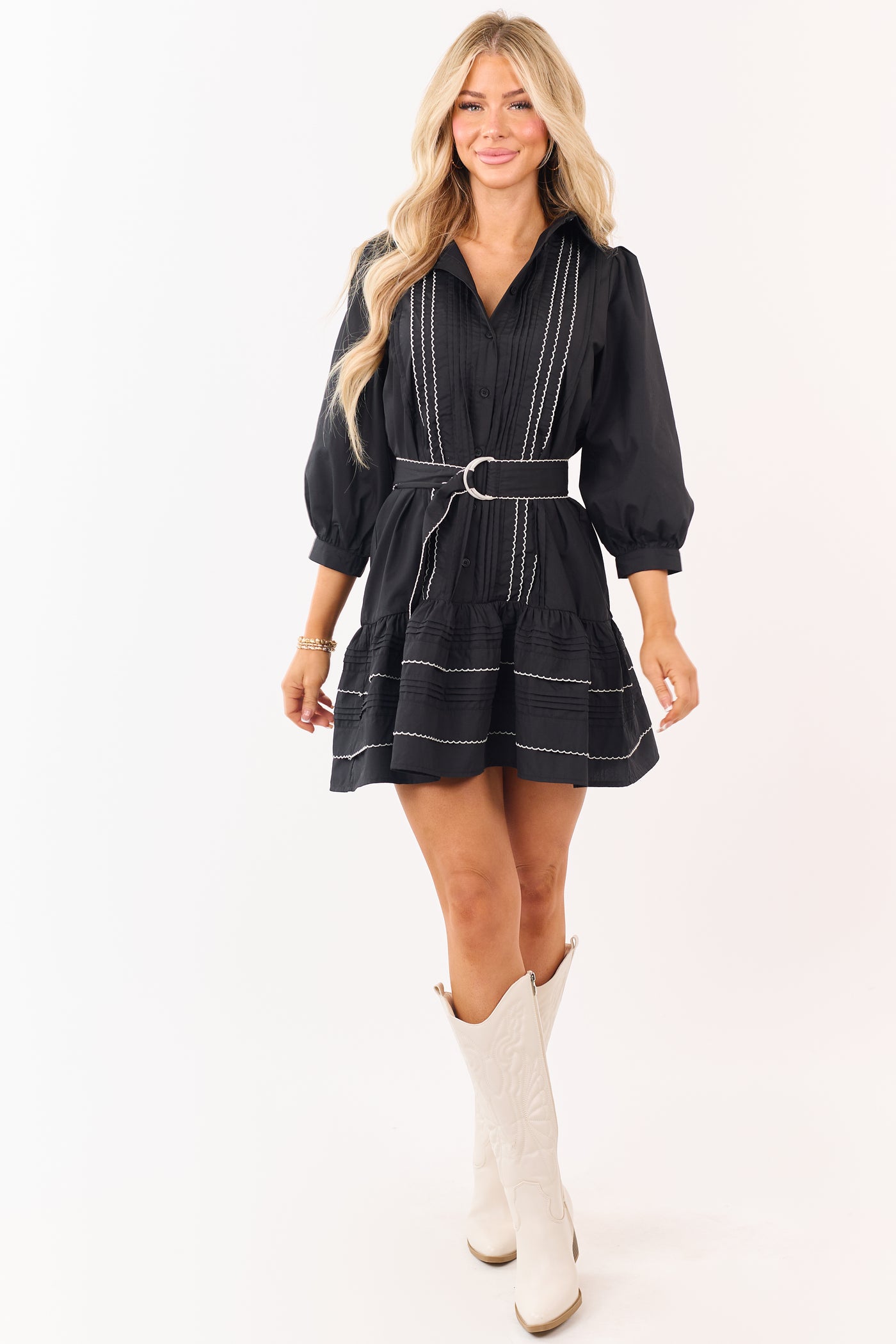 Entro Black Button Down Pintuck Belted Mini Dress Entro Black Button Down Pintuck Belted Mini Dress