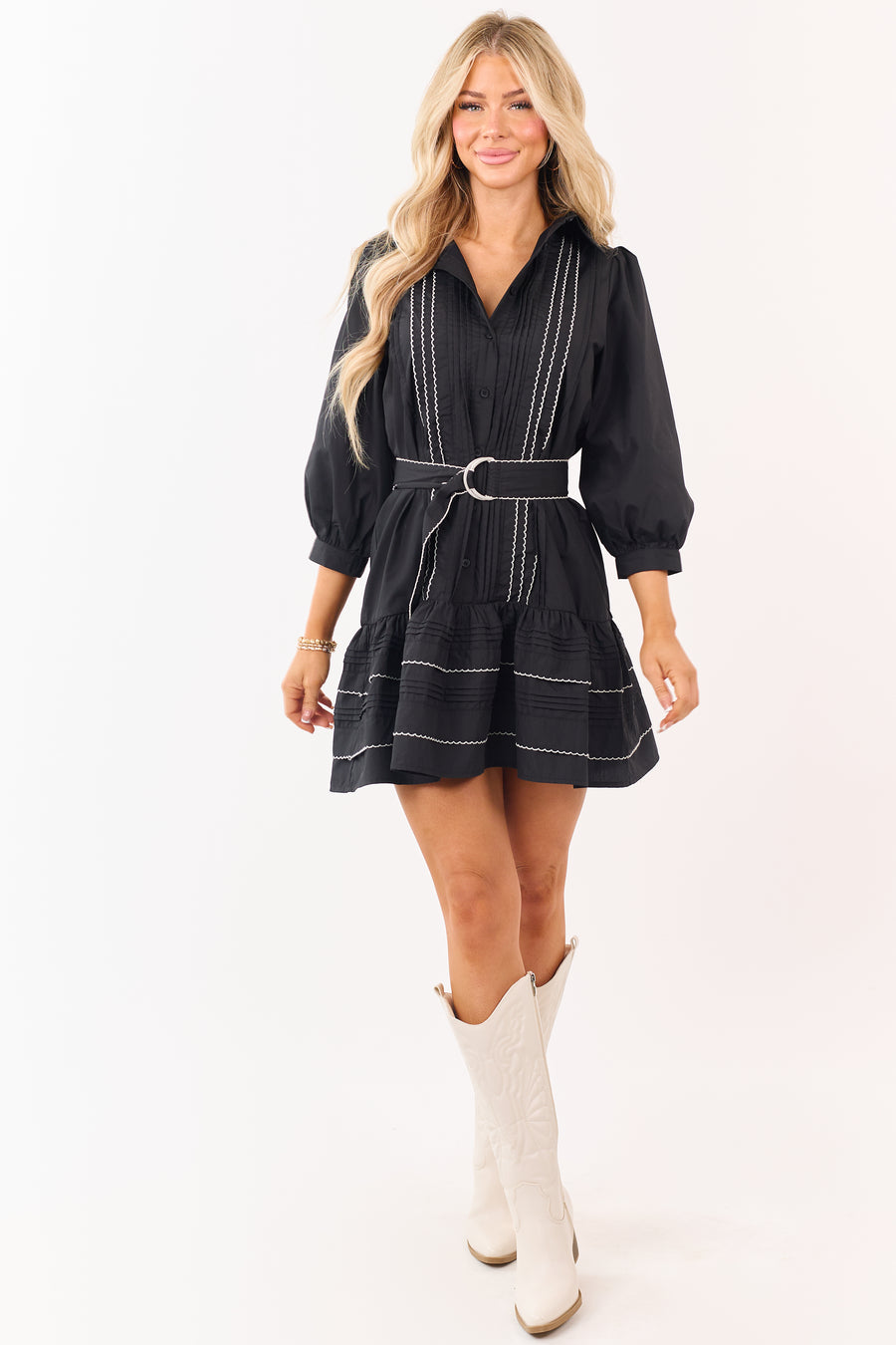 Entro Black Button Down Pintuck Belted Mini Dress
