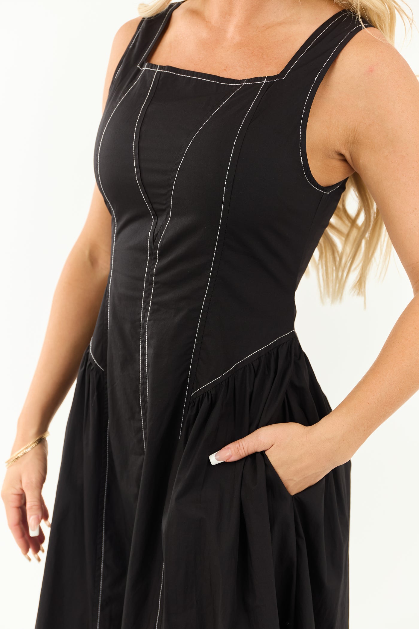 Entro Black Contrast Stitch Cotton Midi Dress - S Entro Black Contrast Stitch Cotton Midi Dress - S