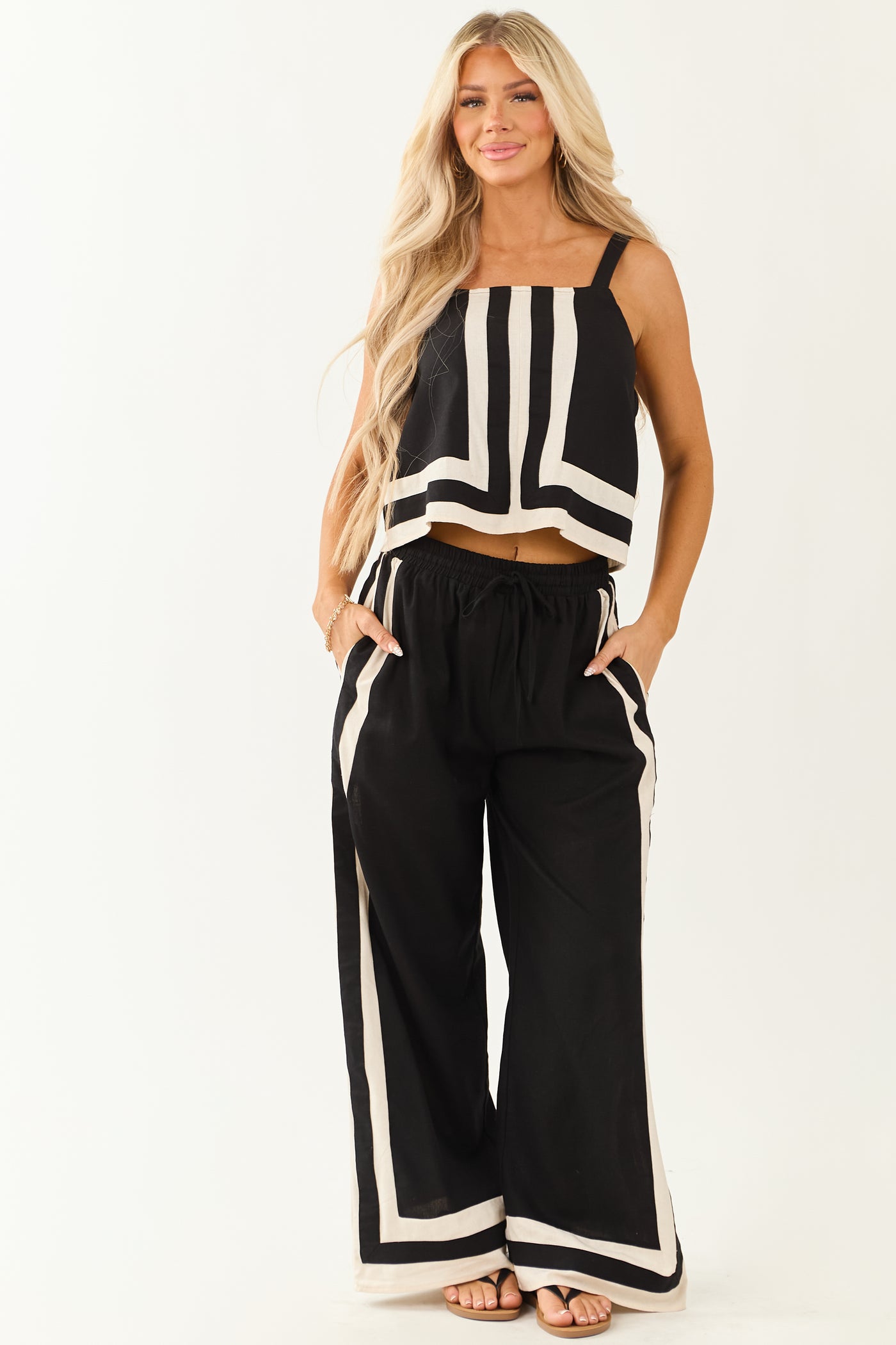 Entro Black Contrast Stripe Linen Blend Tank Top