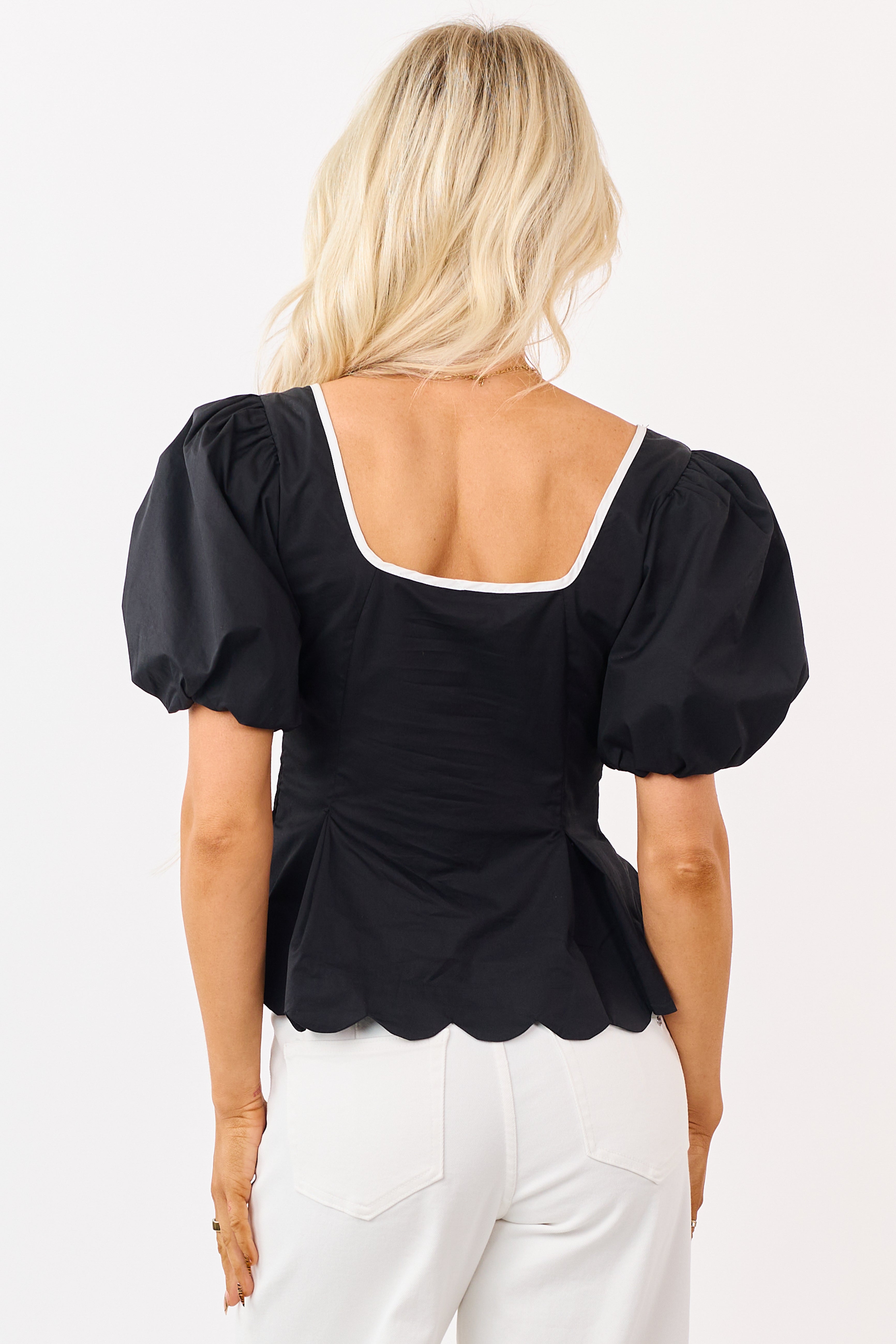 Entro Black Contrast Trim Short Puff Sleeve Top