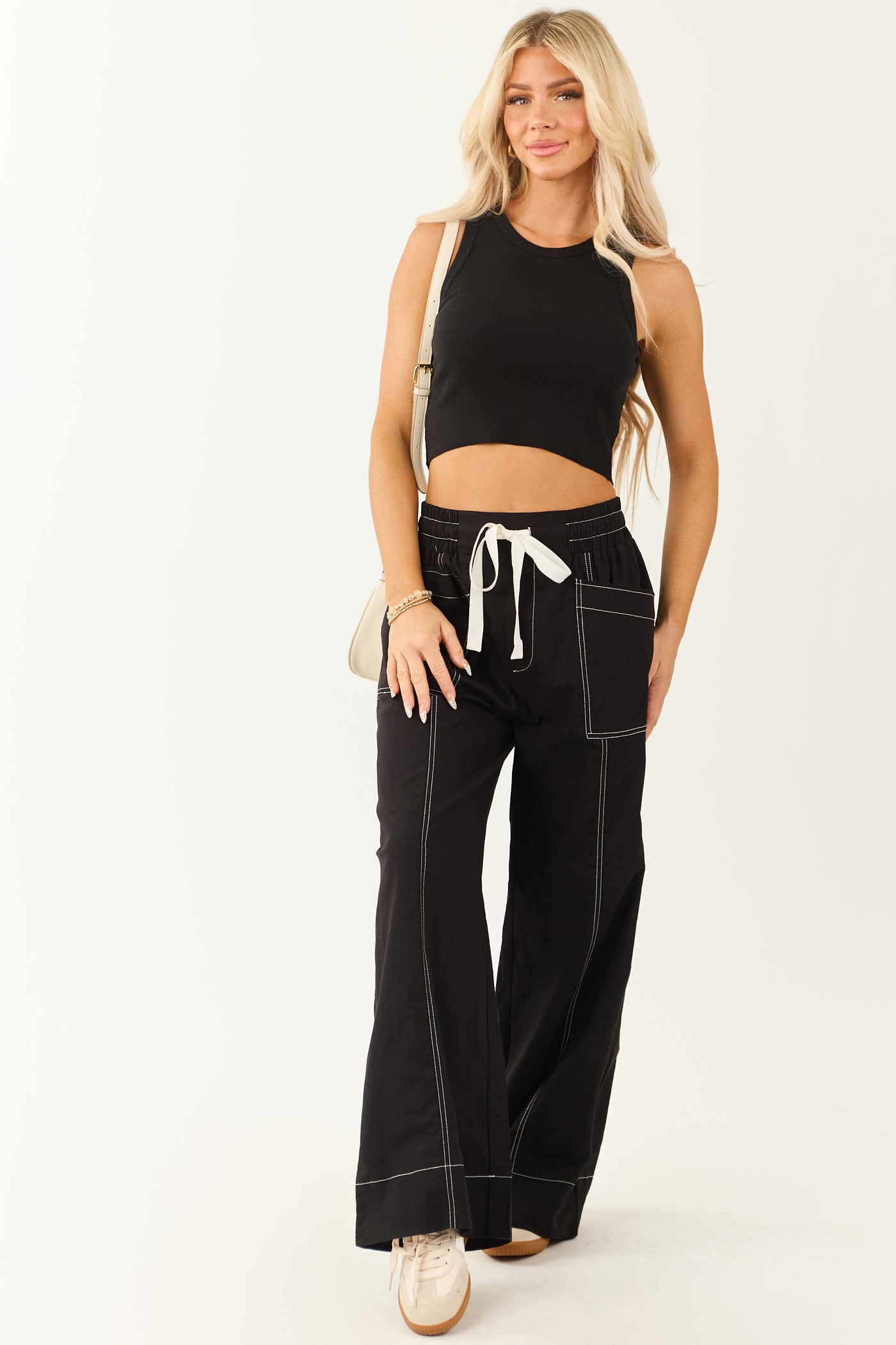 Entro Black Drawstring Waist Wide Leg Pants