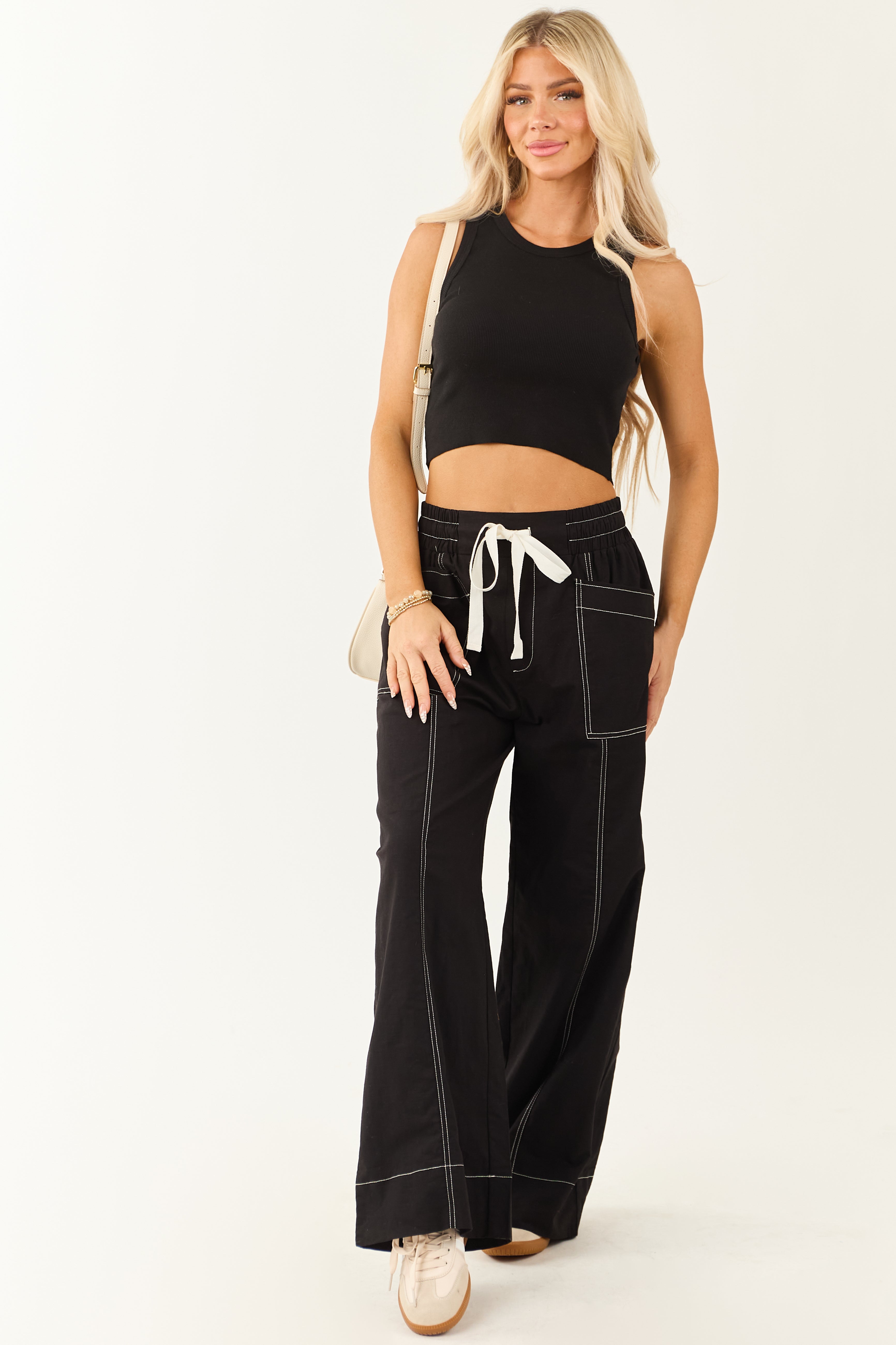 Entro Black Drawstring Waist Wide Leg Pants