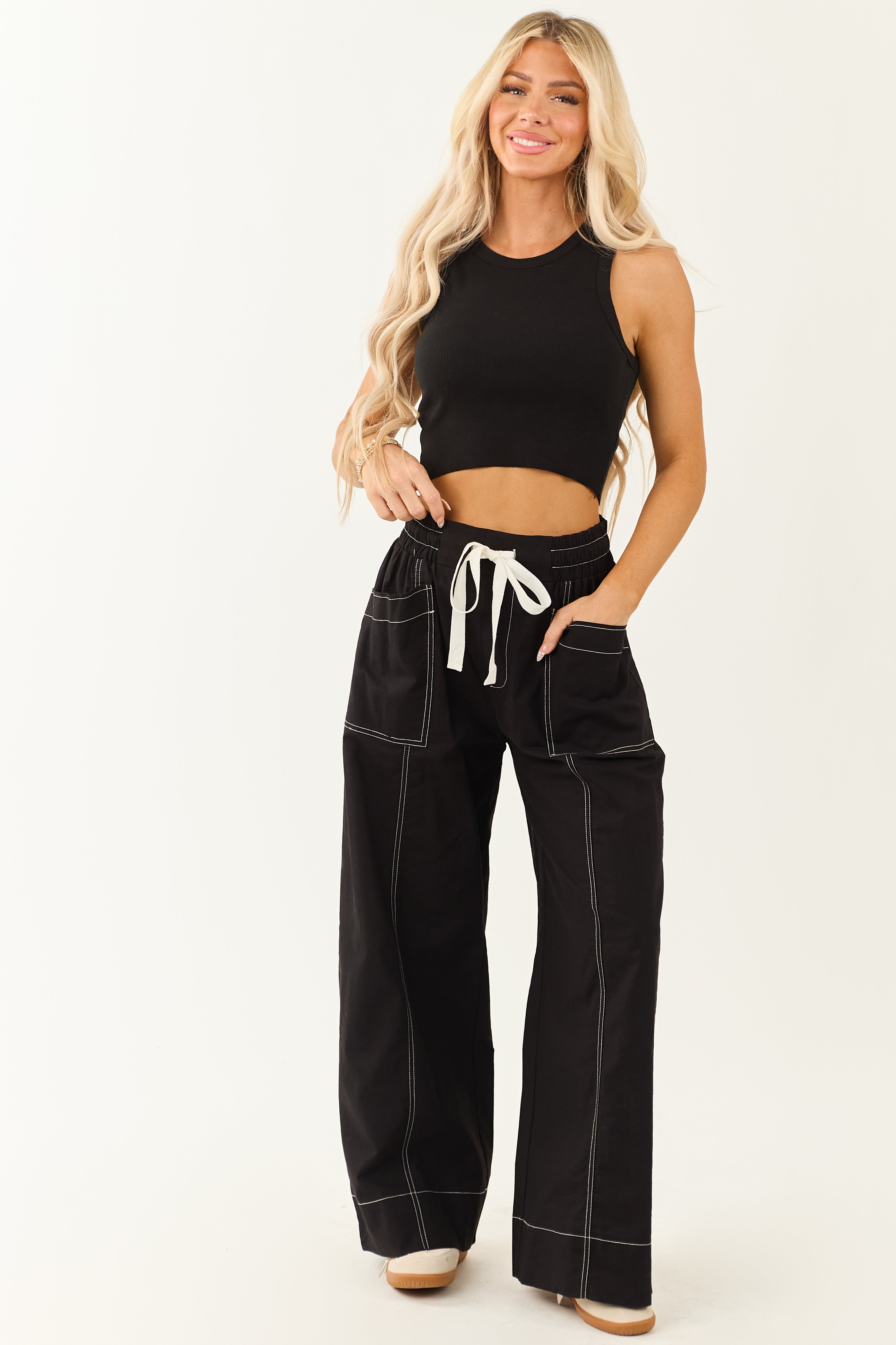 Entro Black Drawstring Waist Wide Leg Pants | Lime Lush Boutique