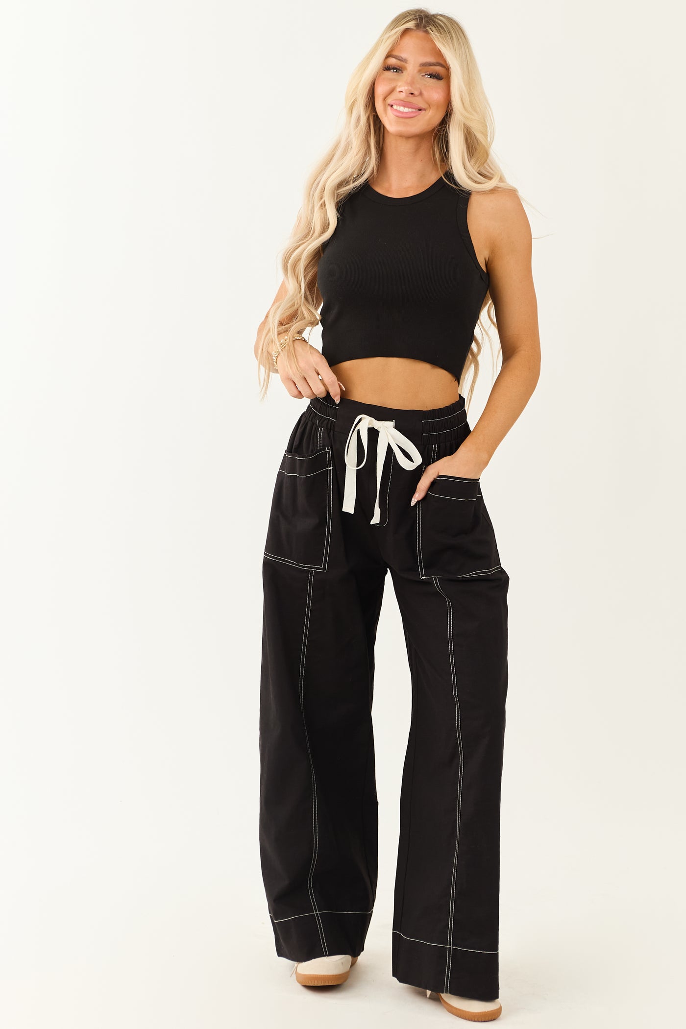 Entro Black Drawstring Waist Wide Leg Pants