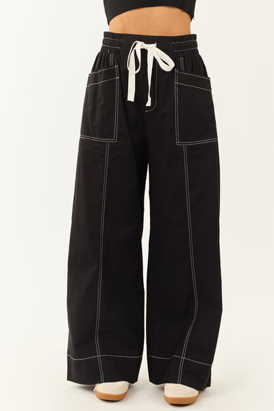 Entro Black Drawstring Waist Wide Leg Pants