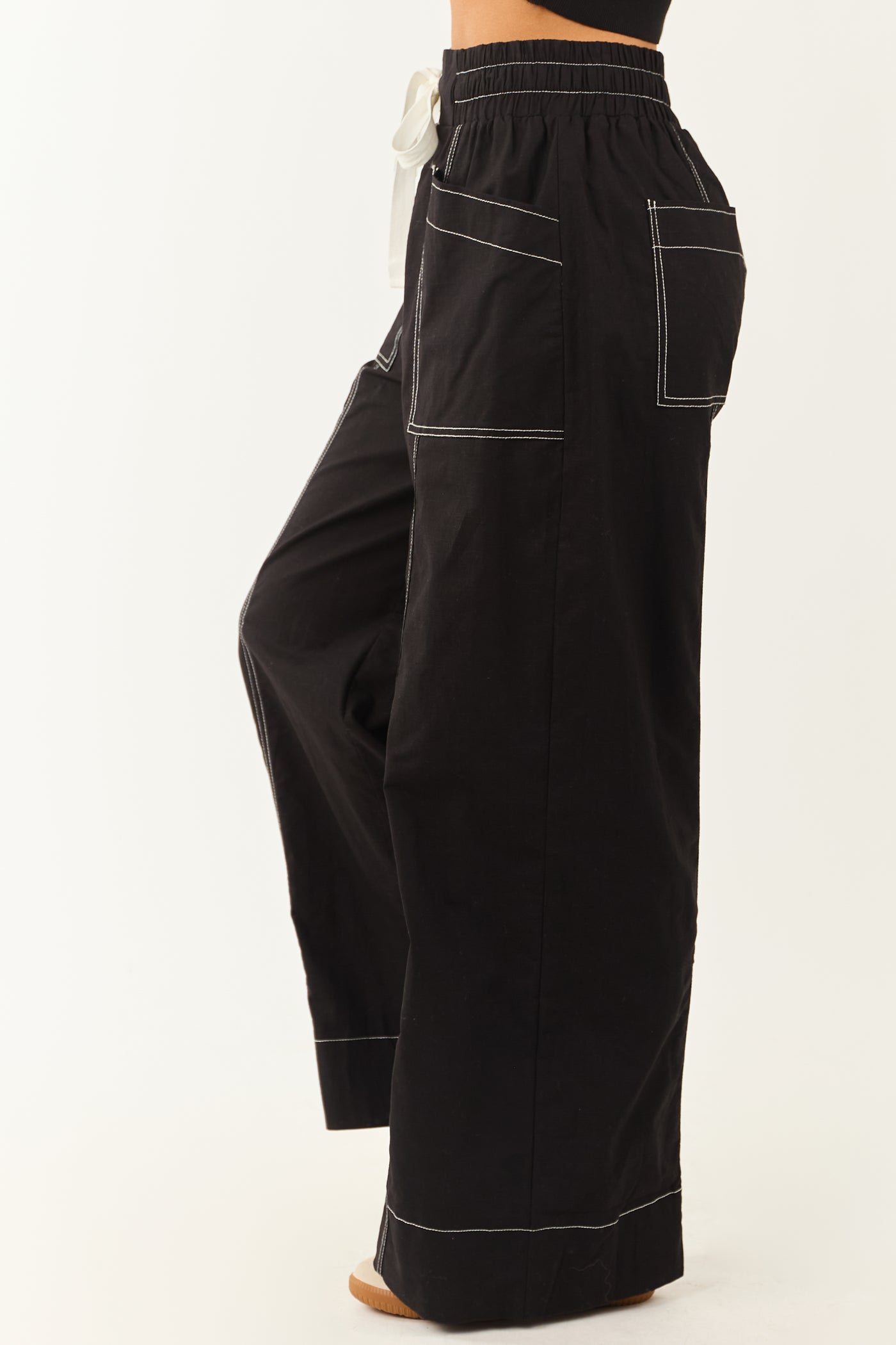 Entro Black Drawstring Waist Wide Leg Pants