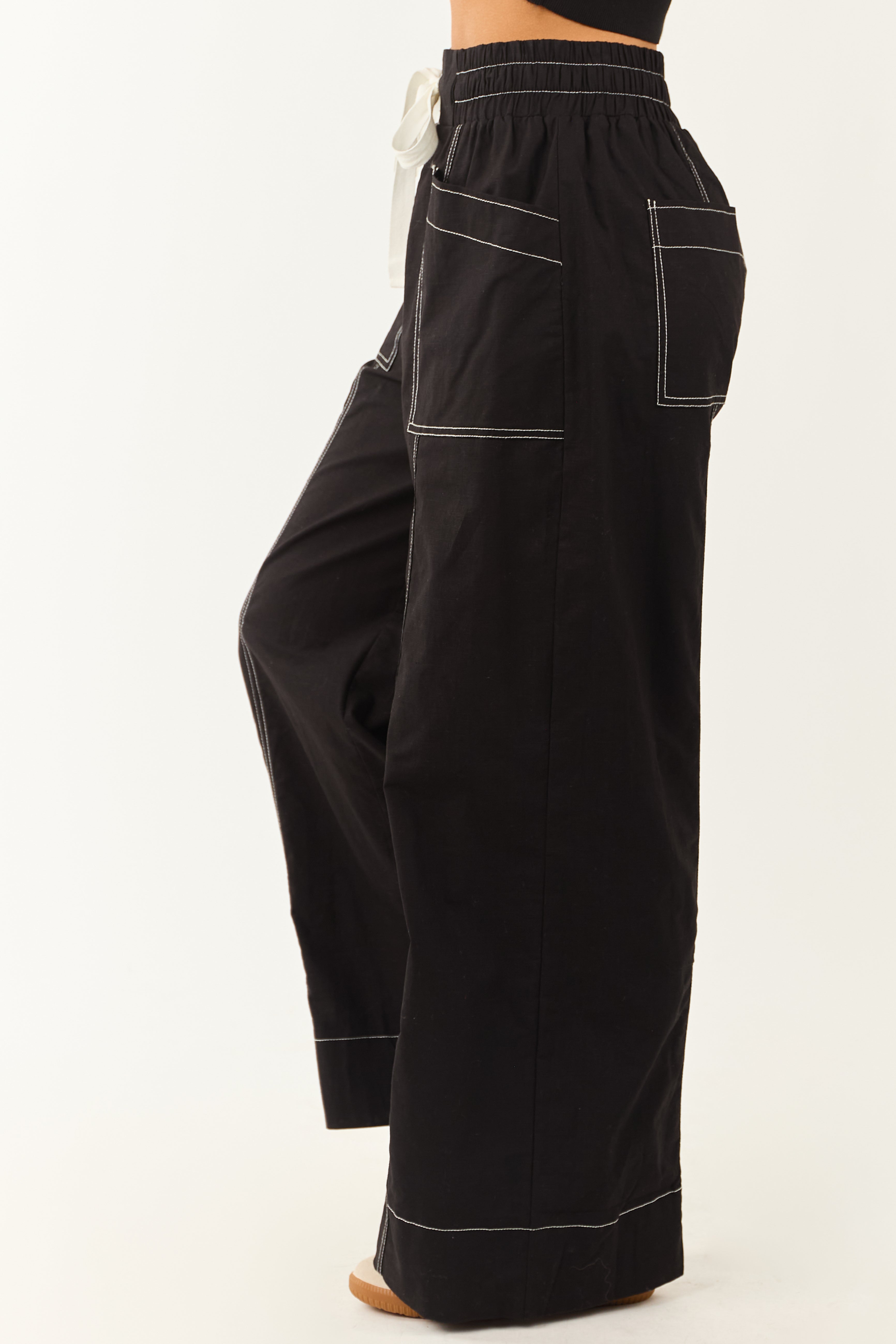 Entro Black Drawstring Waist Wide Leg Pants