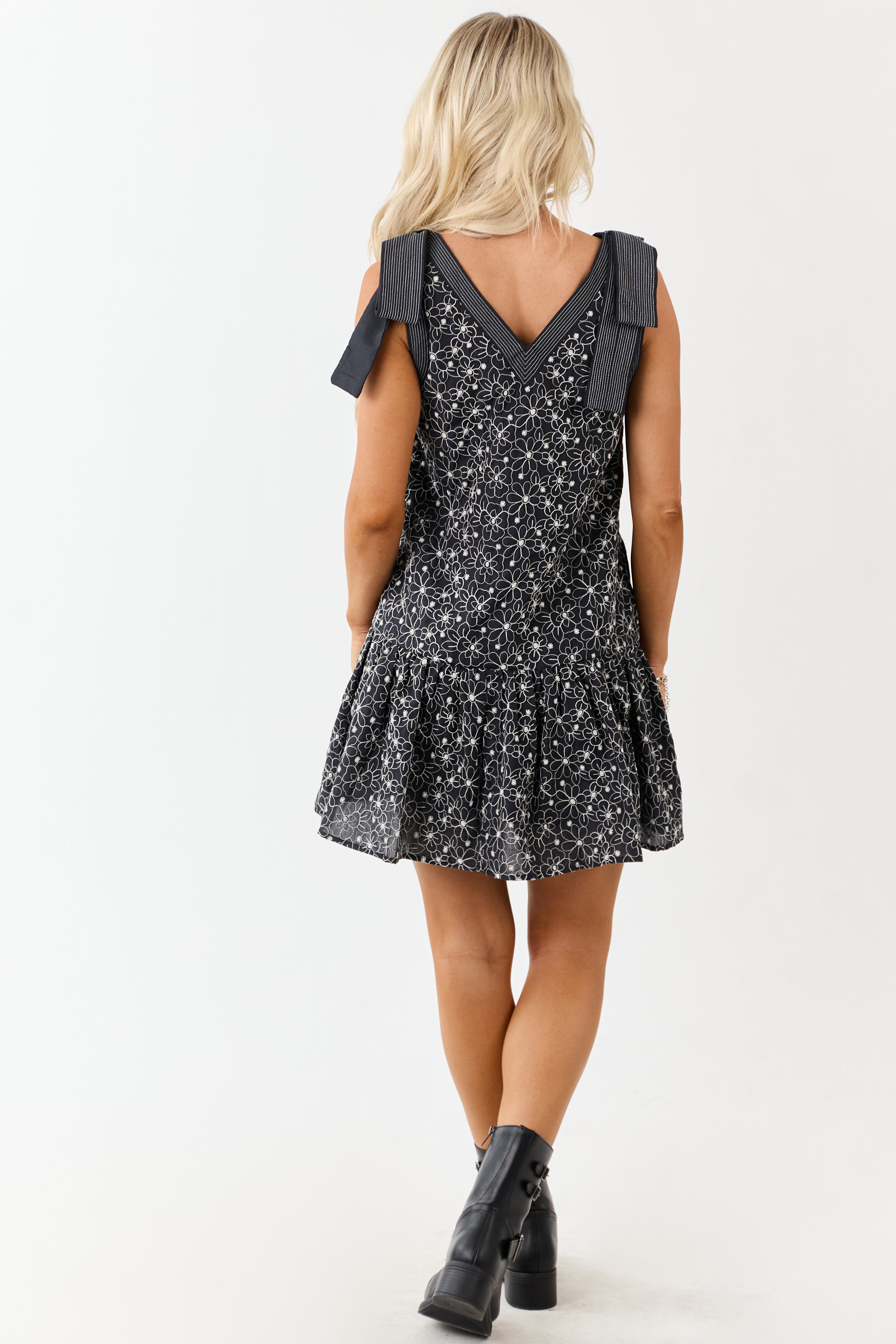 Entro Black Embroidered Floral Bow Strap Mini Dress
